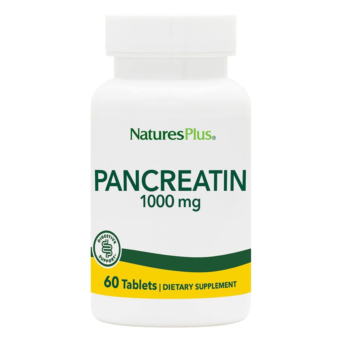 NaturesPlus Pancreatin, botella frontal, apoyo digestivo suave tras comidas abundantes.