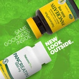 NaturesPlus Pancreatin, botella lateral, enzimas pancreáticas para la digestión durante la comida.