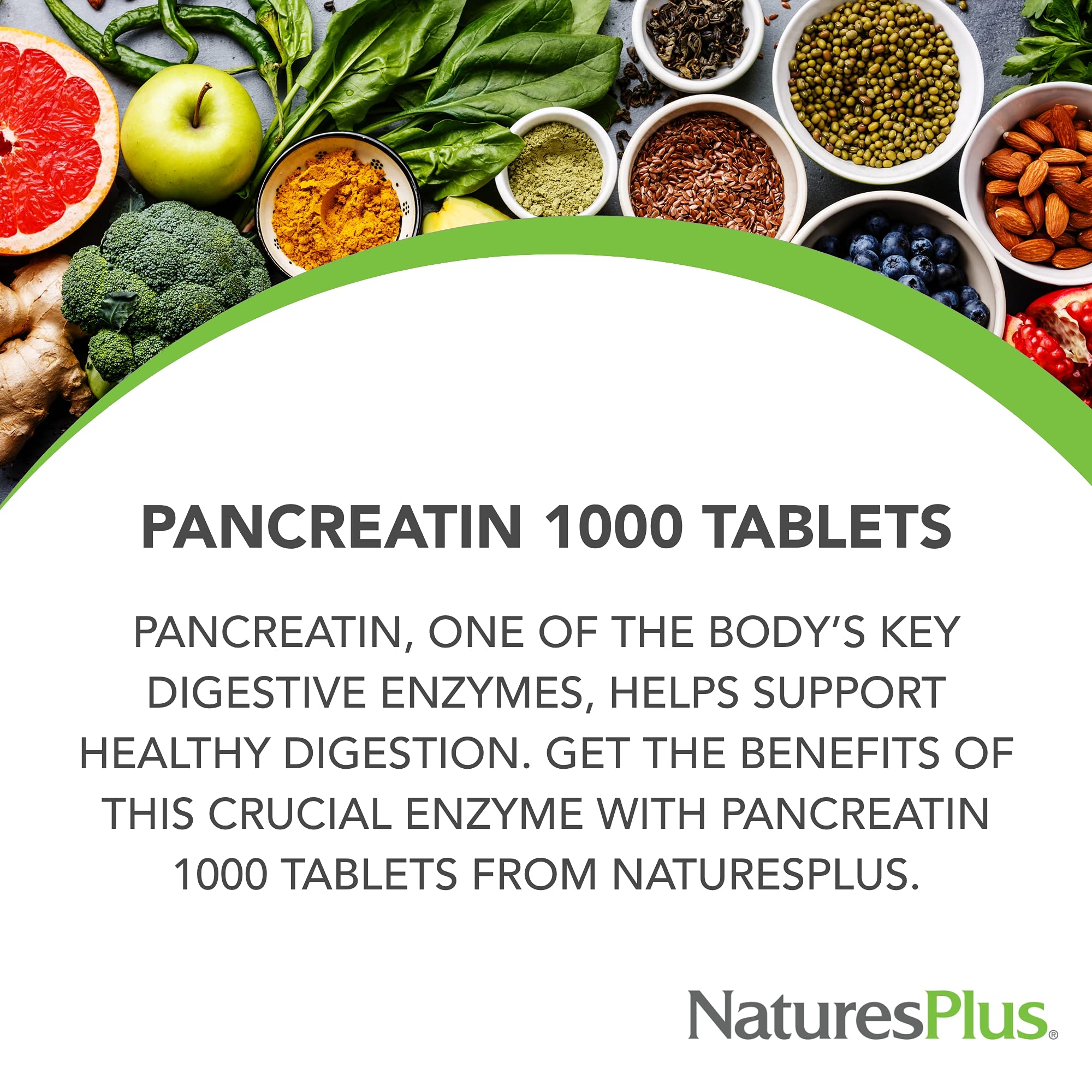 NaturesPlus Pancreatin, etiqueta detalle, información clara sobre gluten y alérgenos.