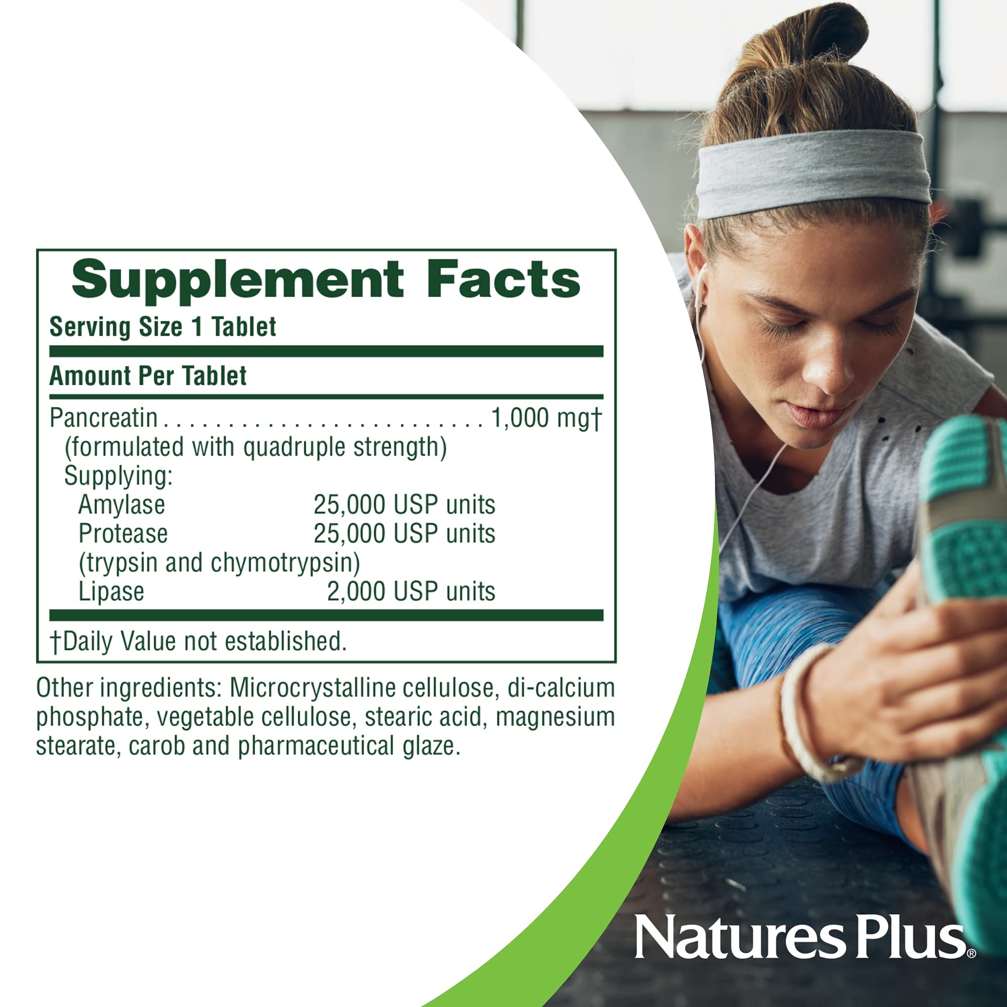 NaturesPlus Pancreatin, tabletas en primer plano, uso diario para soporte digestivo.