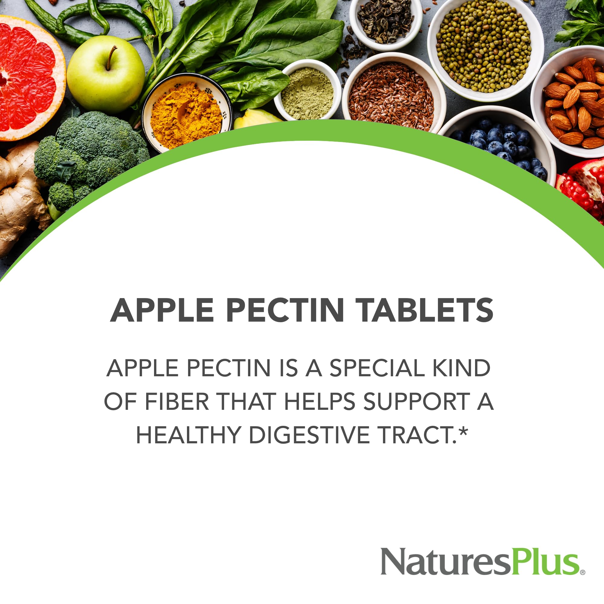 Etiqueta de NaturesPlus Pectina de Manzana muestra ingredientes y fibra natural.