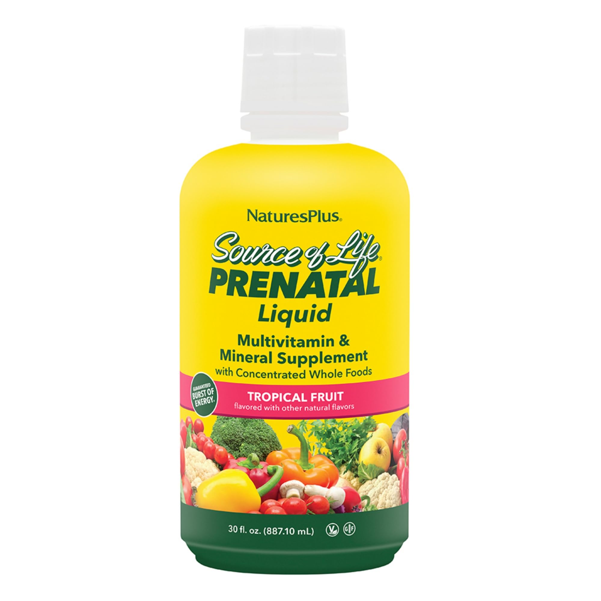 NaturesPlus Prenatal Líquido: botella con sabor fruta tropical para apoyo nutricional diario.