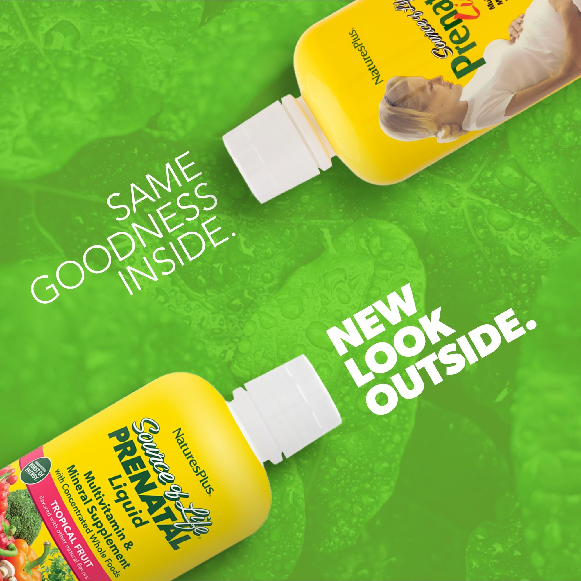 NaturesPlus Prenatal Líquido: etiqueta clara con nutrientes clave para embarazadas.