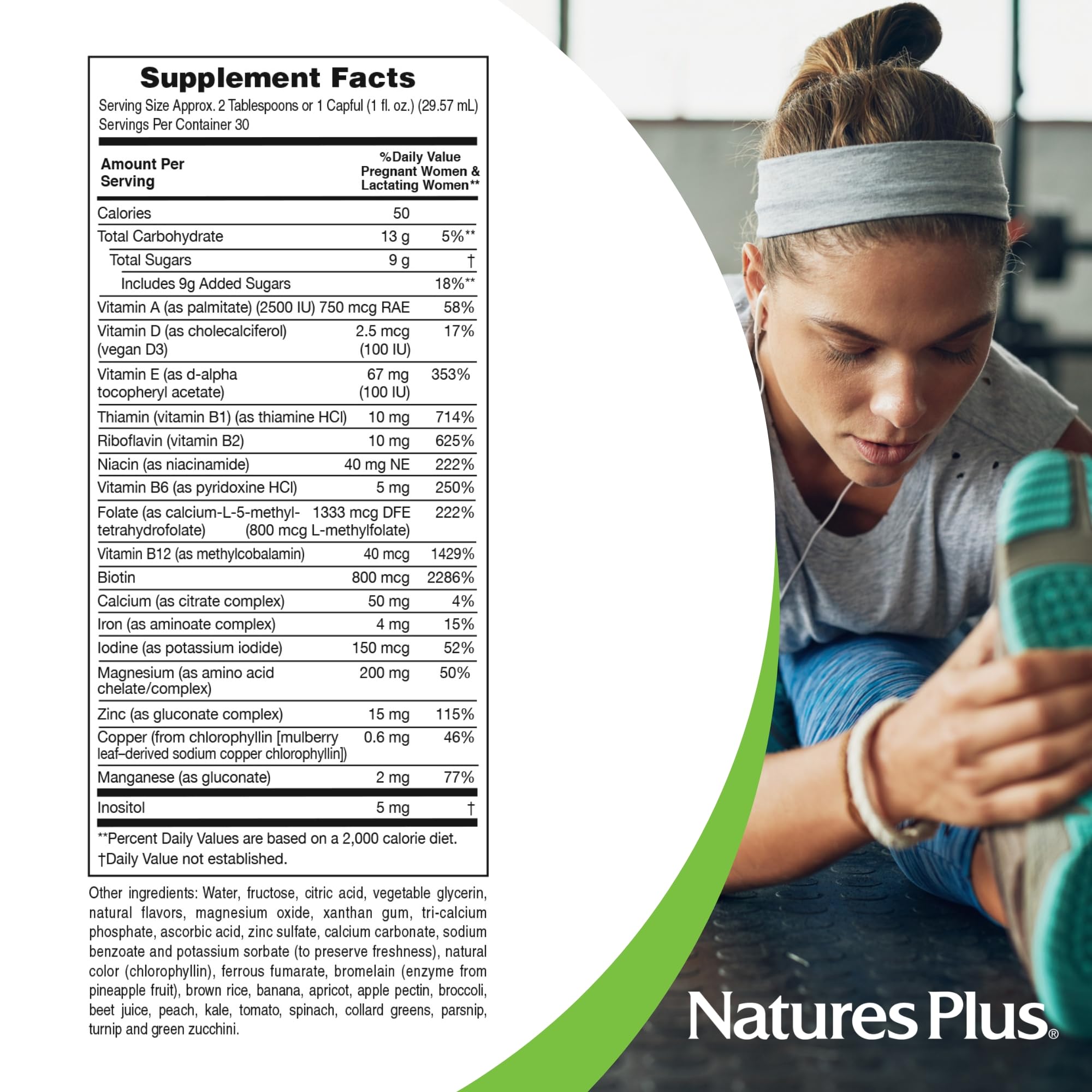 NaturesPlus Prenatal Líquido: frasco en estantería, fácil de almacenar.