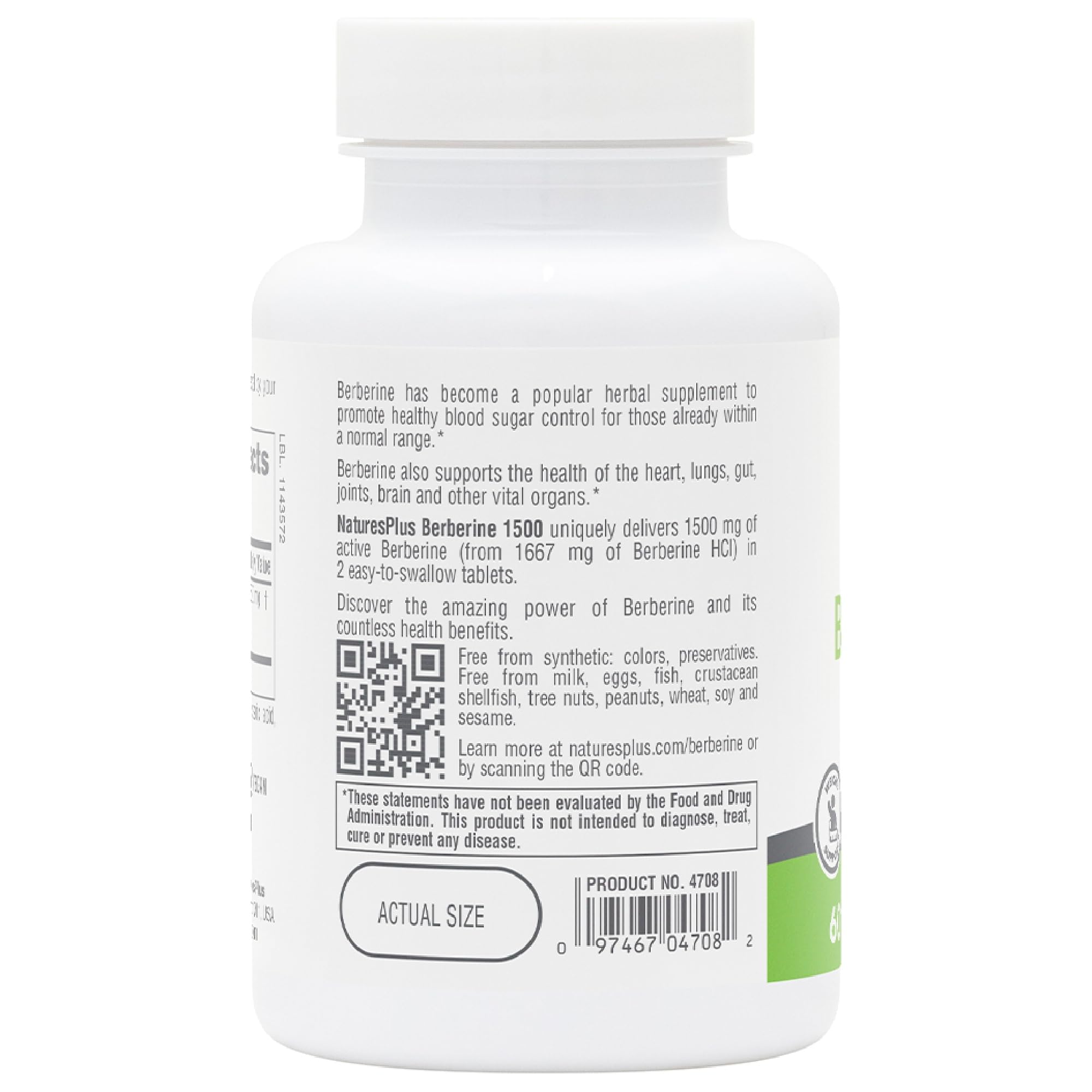 Cápsulas veganas de NaturesPlus PRO Berberina 1500 para uso diario.