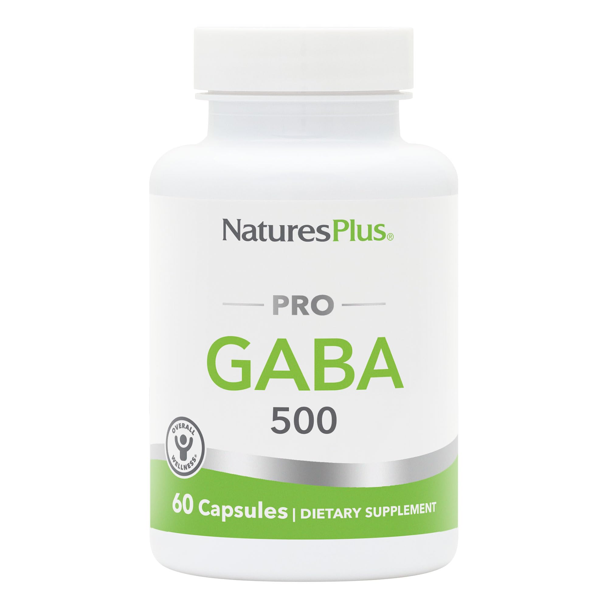 NaturesPlus PRO GABA cápsulas, frasco de vidrio para calmar la vida diaria.