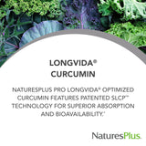 NaturesPlus PRO Longvida Curcumin, botella trasera, fórmula sin OGM y apta para veganos.