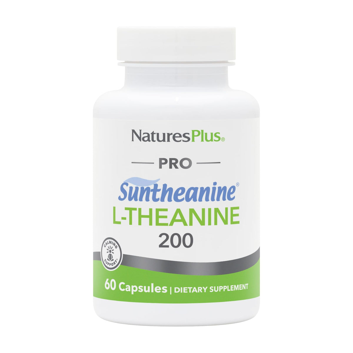 NaturesPlus PRO Suntheanine L-Theanine en botella de cápsulas, apoyo para calma y enfoque.