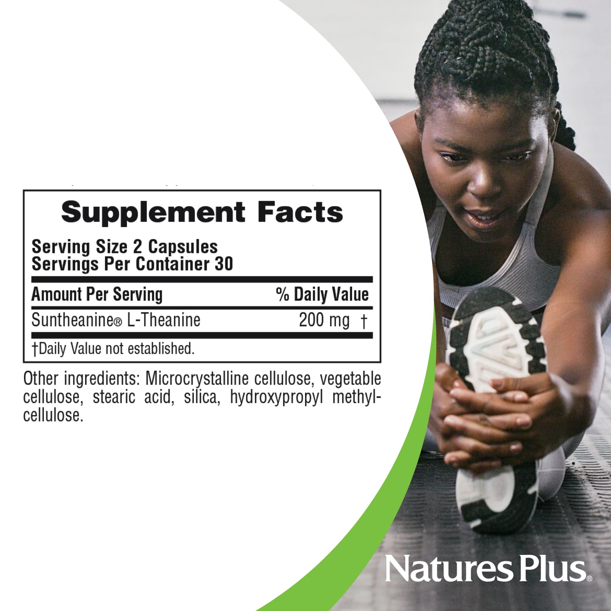 NaturesPlus PRO Suntheanine ingredientes no-gmo, opciones veganas y sin gluten.