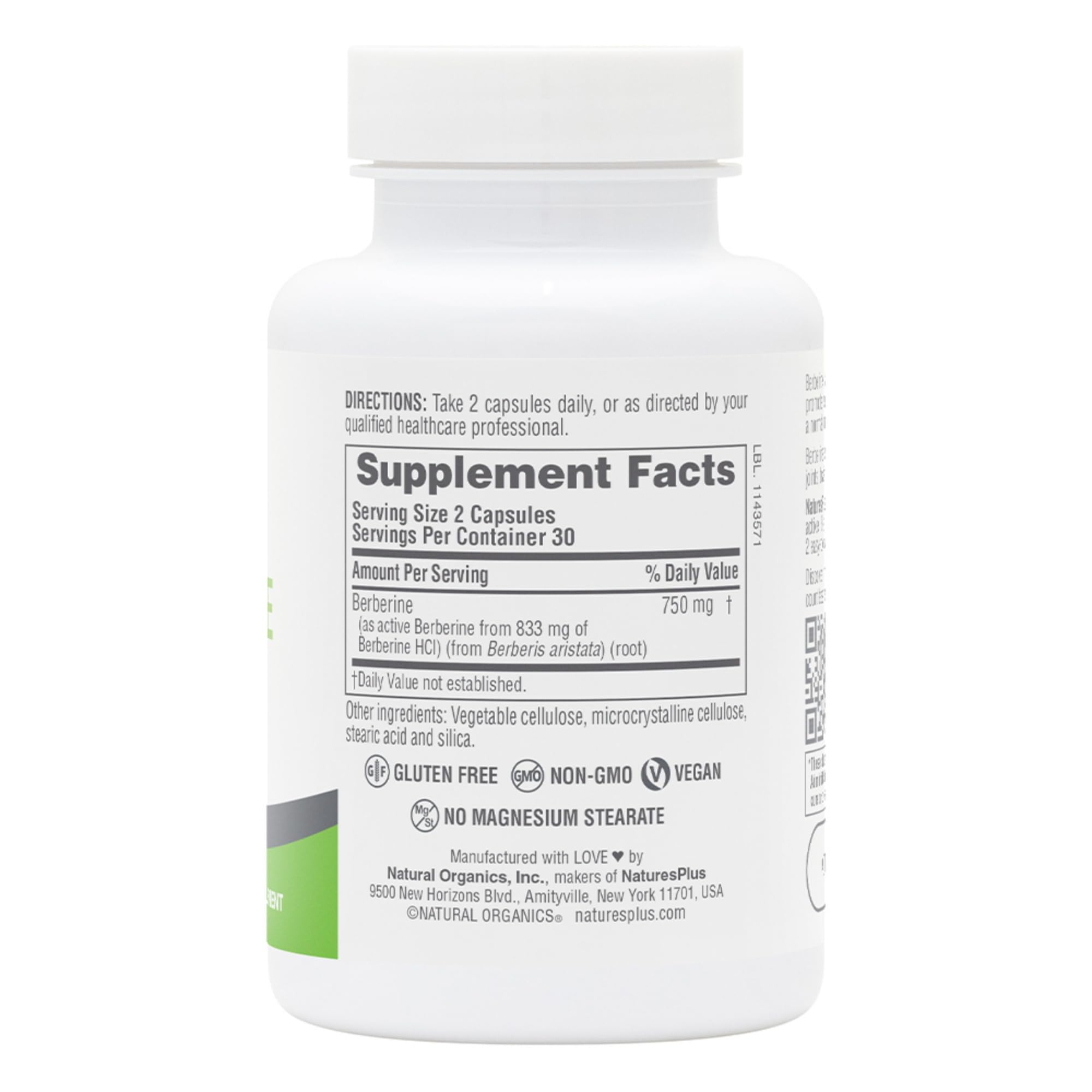 NaturesPlus PRO Berberine 750 mg etiqueta cercana, información clara para el consumidor.