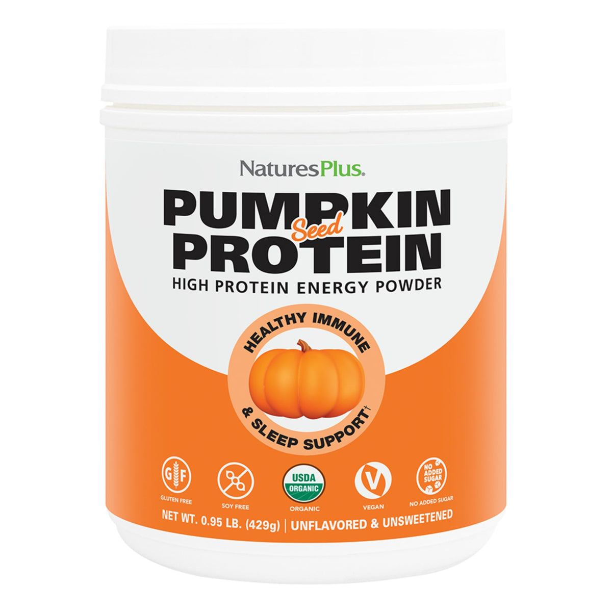 Proteína de semilla de calabaza orgánica de NaturesPlus en envase, ideal para apoyar fuerza muscular