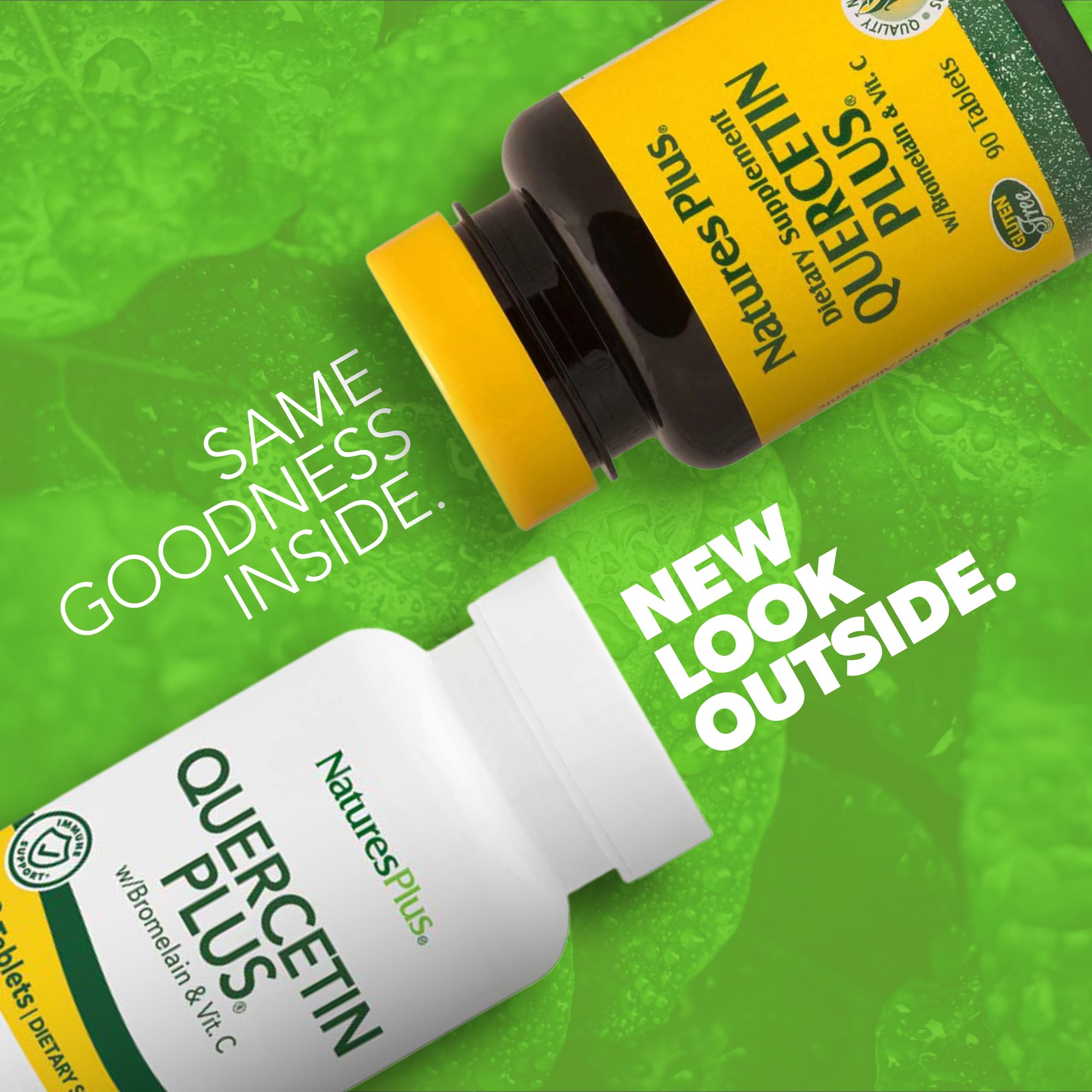 NaturesPlus Quercetin Plus: tabletas apiladas destacando la fórmula antioxidante.