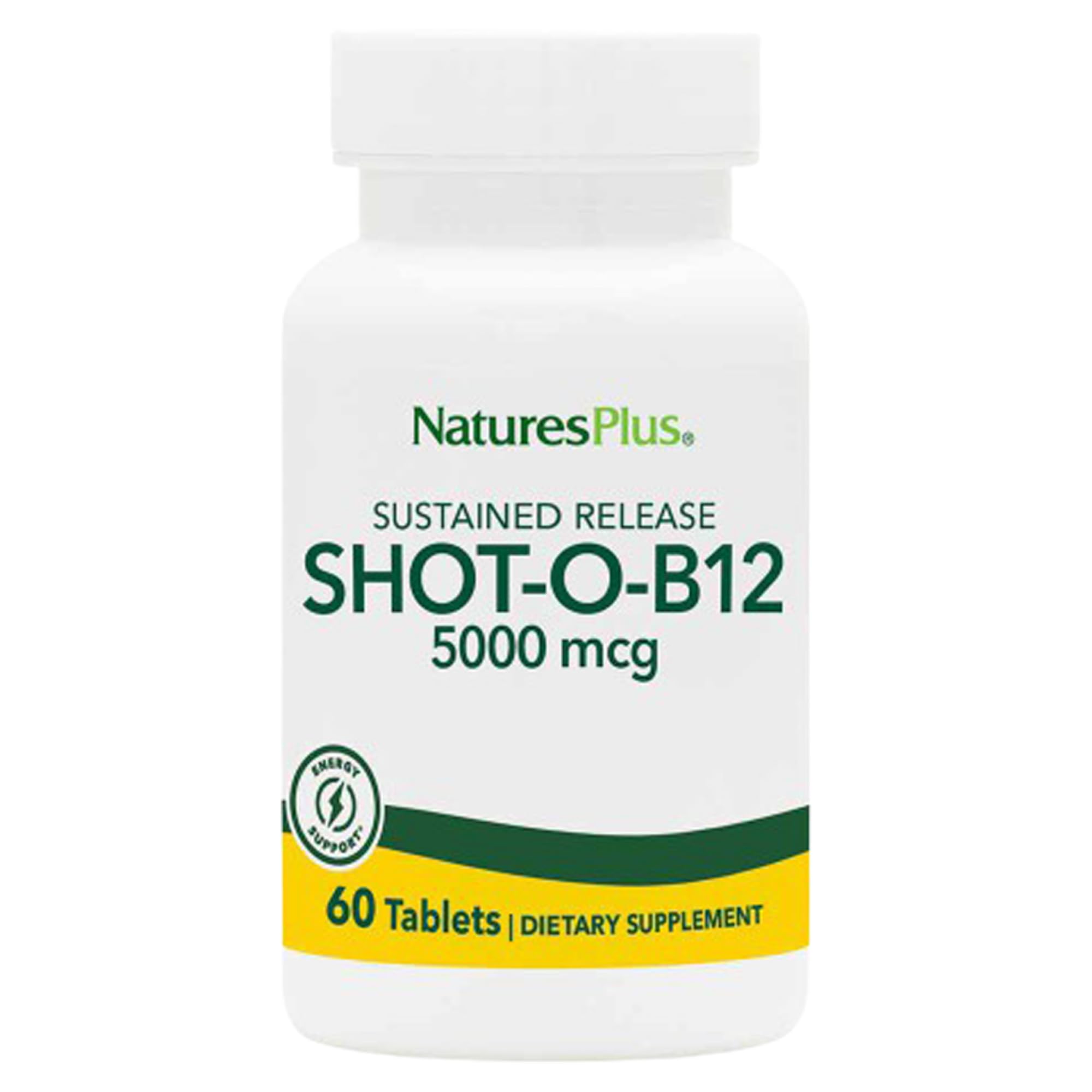 NaturesPlus Shot-O-B12, botella con 60 tabletas, posible energía constante durante el día.