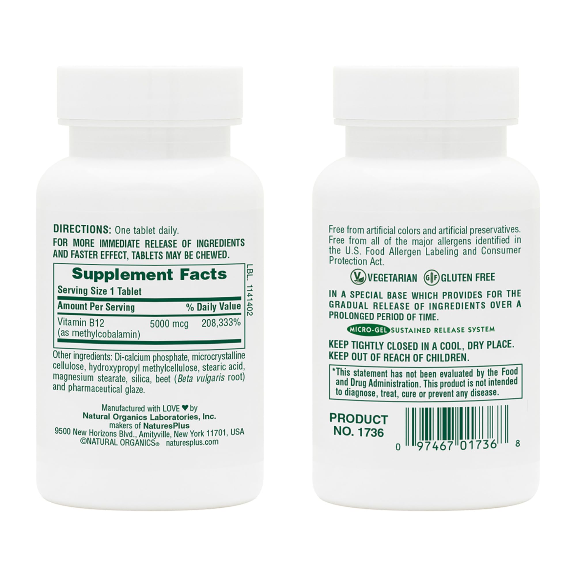 NaturesPlus Shot-O-B12, tabletas de liberación sostenida para apoyo gradual de energía.