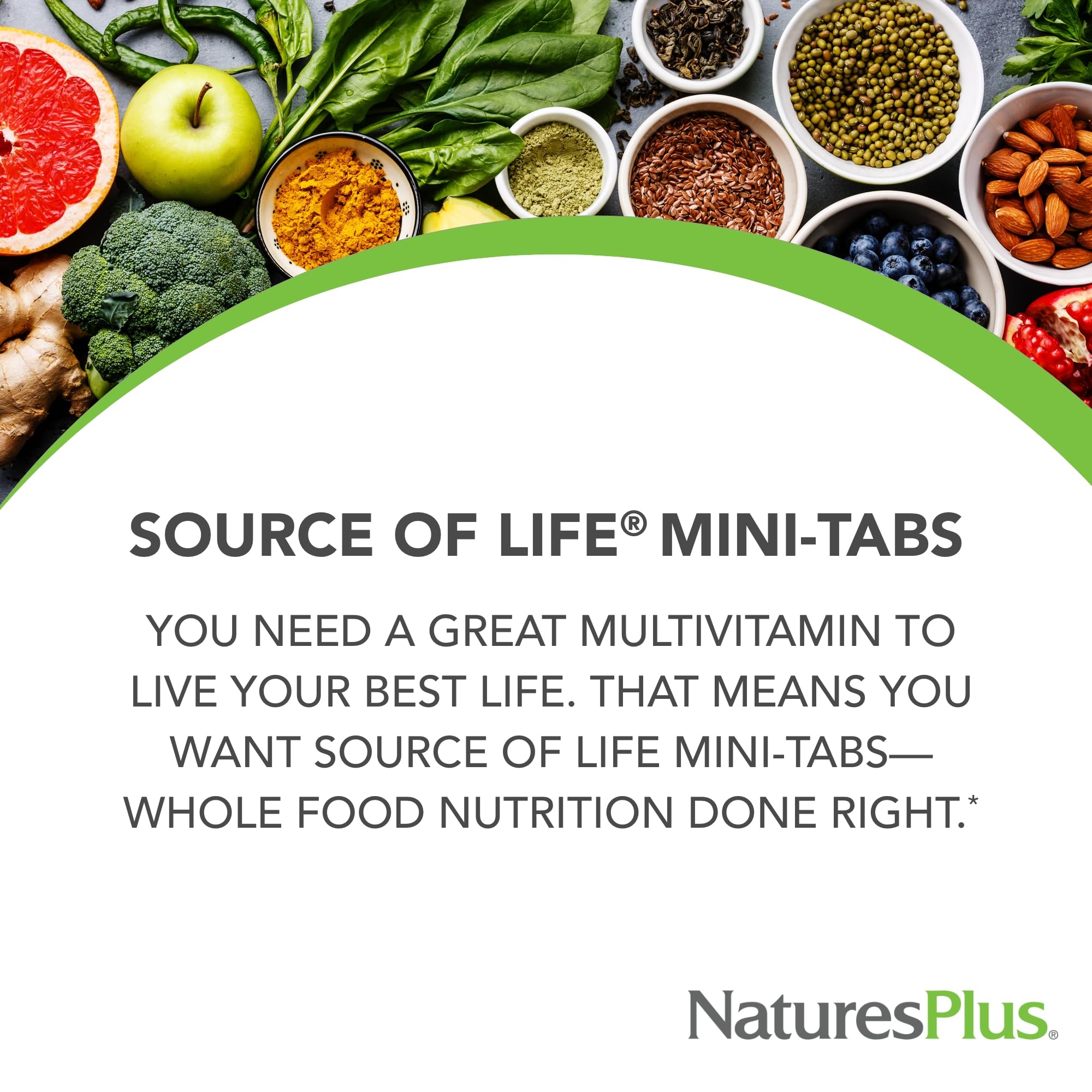 Etiqueta informativa de NaturesPlus Fuente de la Vida 360 Mini-Tabletas con beneficios clave