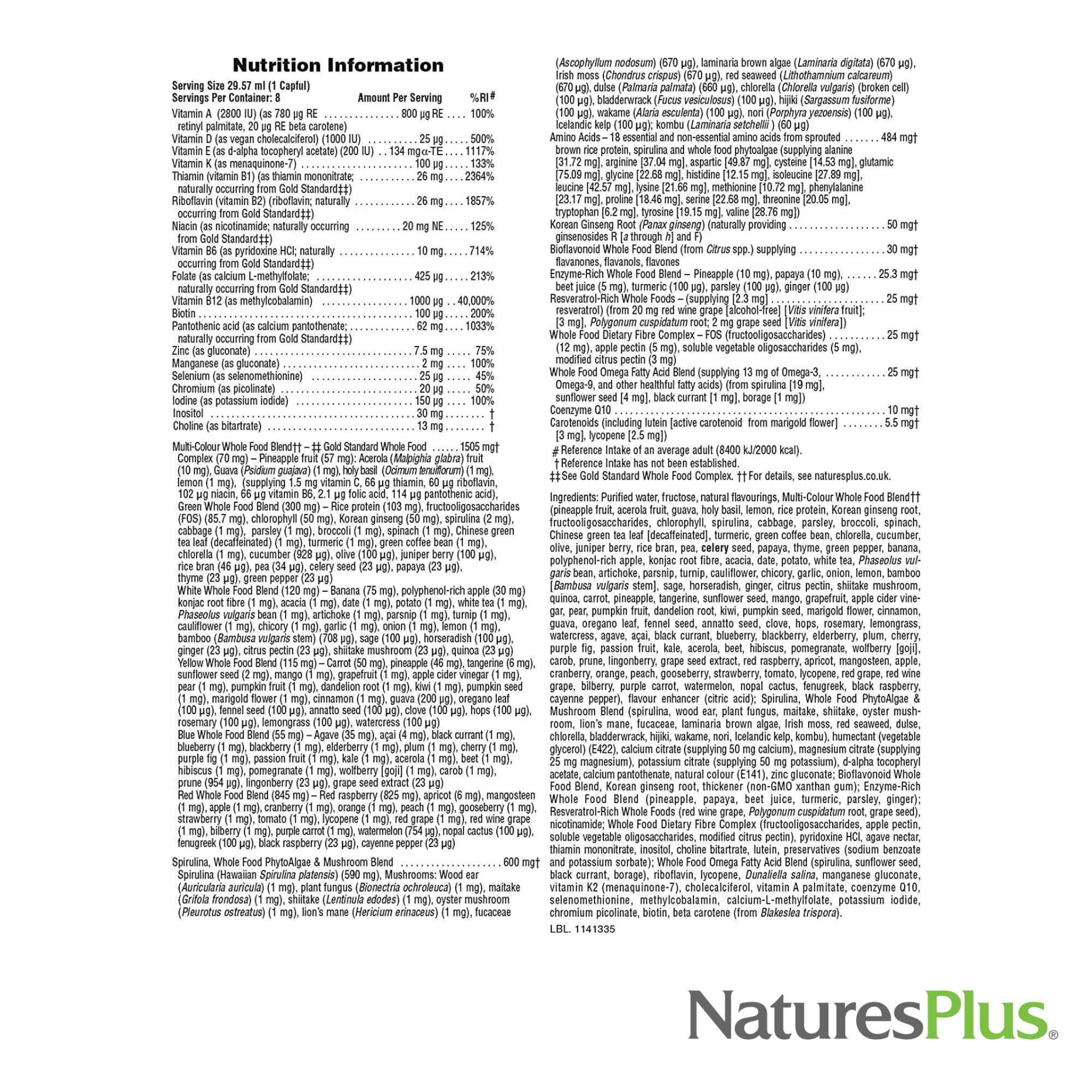 NaturesPlus Source of Life GOLD líquido, gotero para dosis precisa y conveniente.