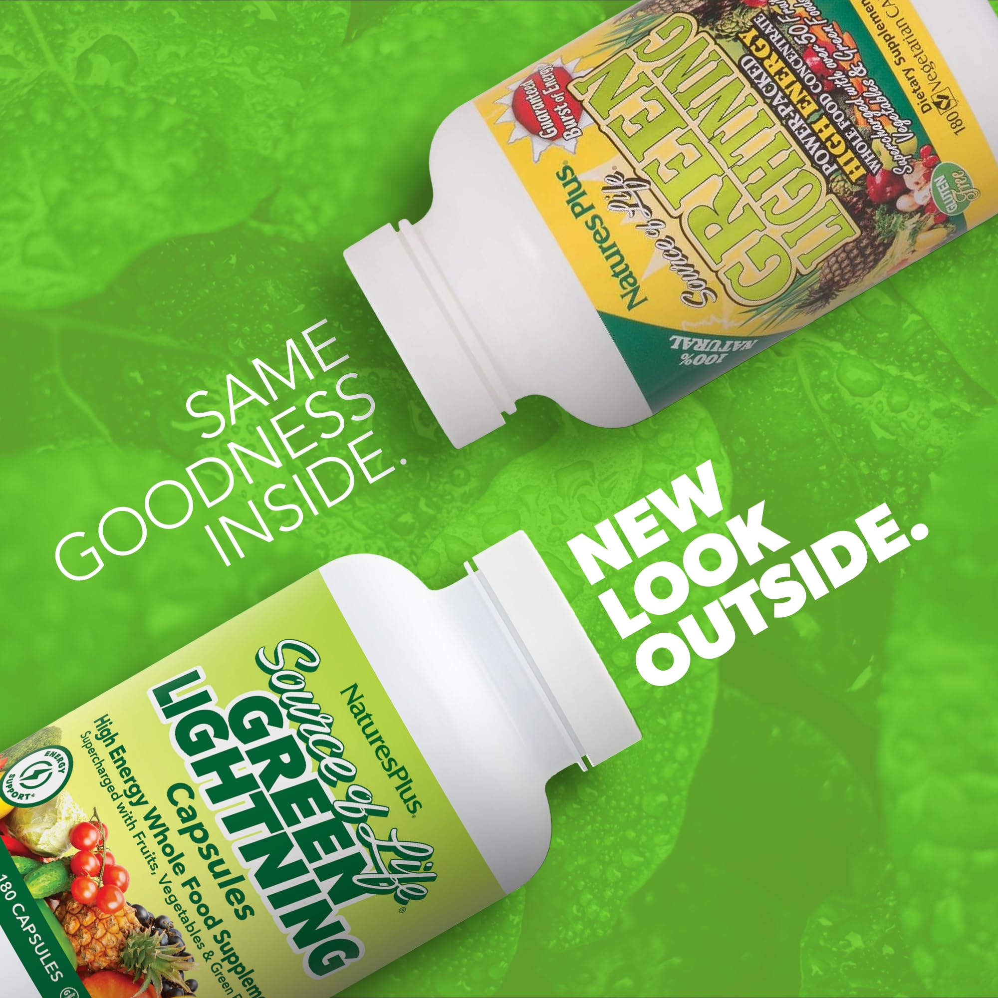NaturesPlus Source of Life Green Lightning, etiqueta que resalta ingredientes vegetales