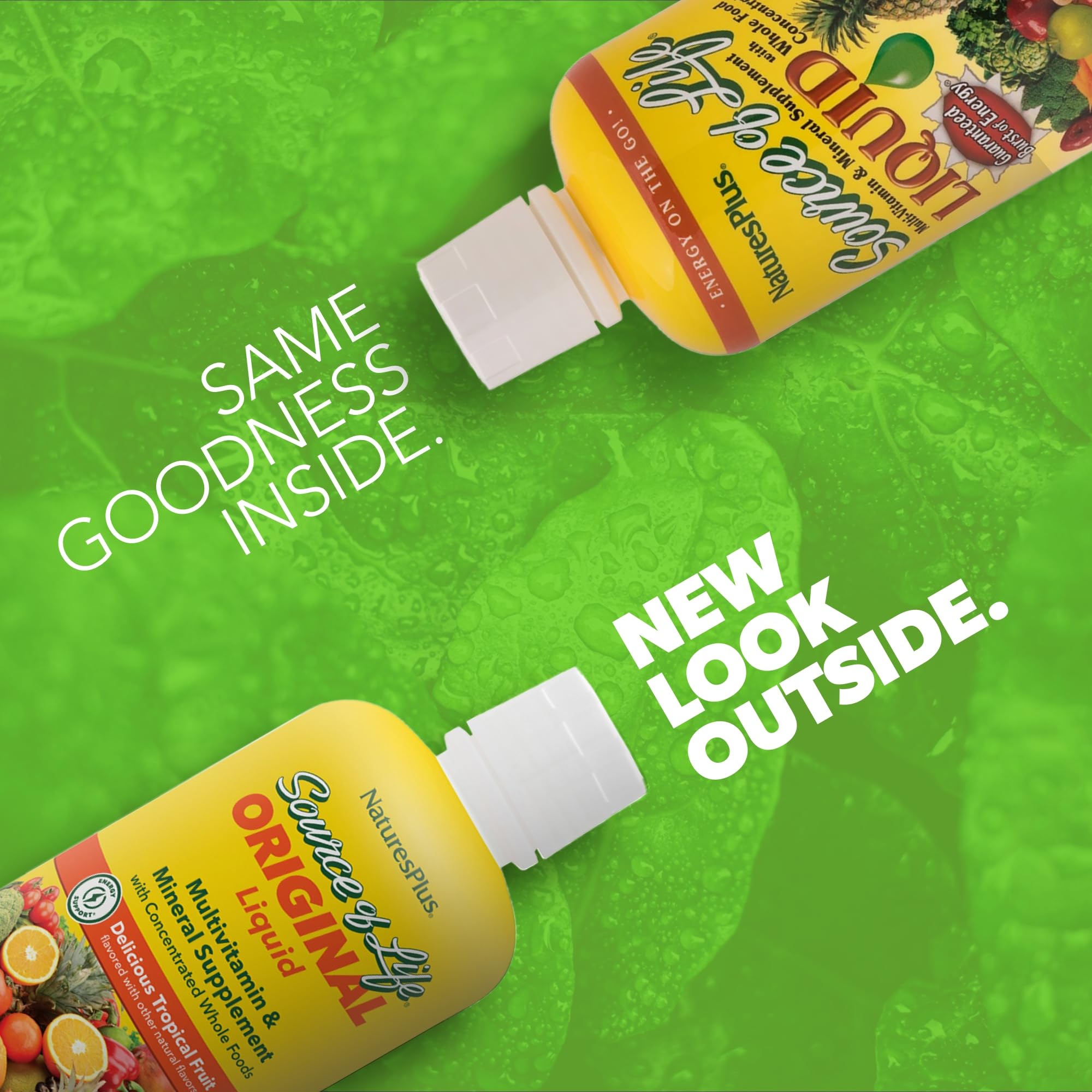 NaturesPlus Source of Life Liquid, etiqueta sabor tropical para gusto frutal.