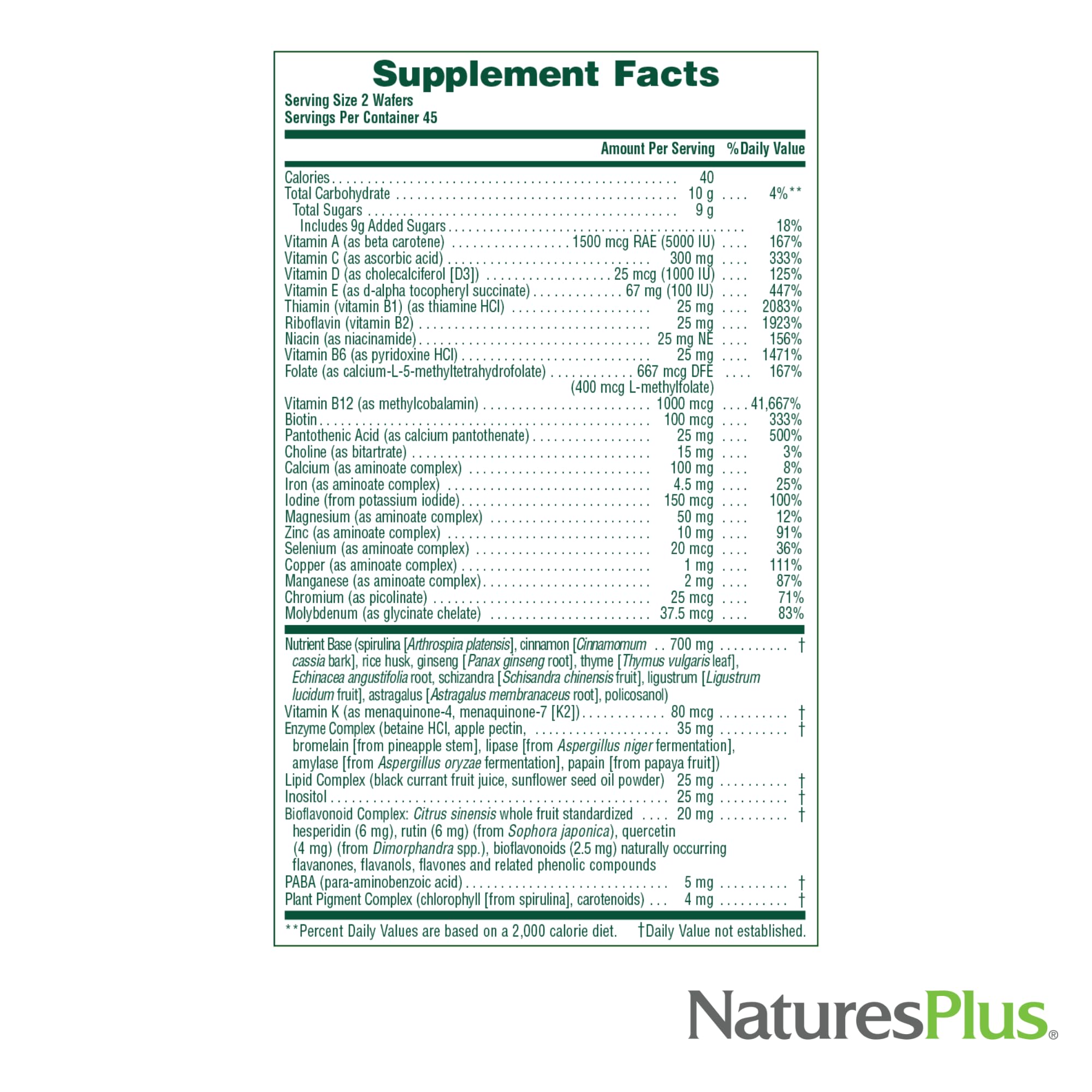 Tabla de nutrientes de Source of Life para bienestar general.