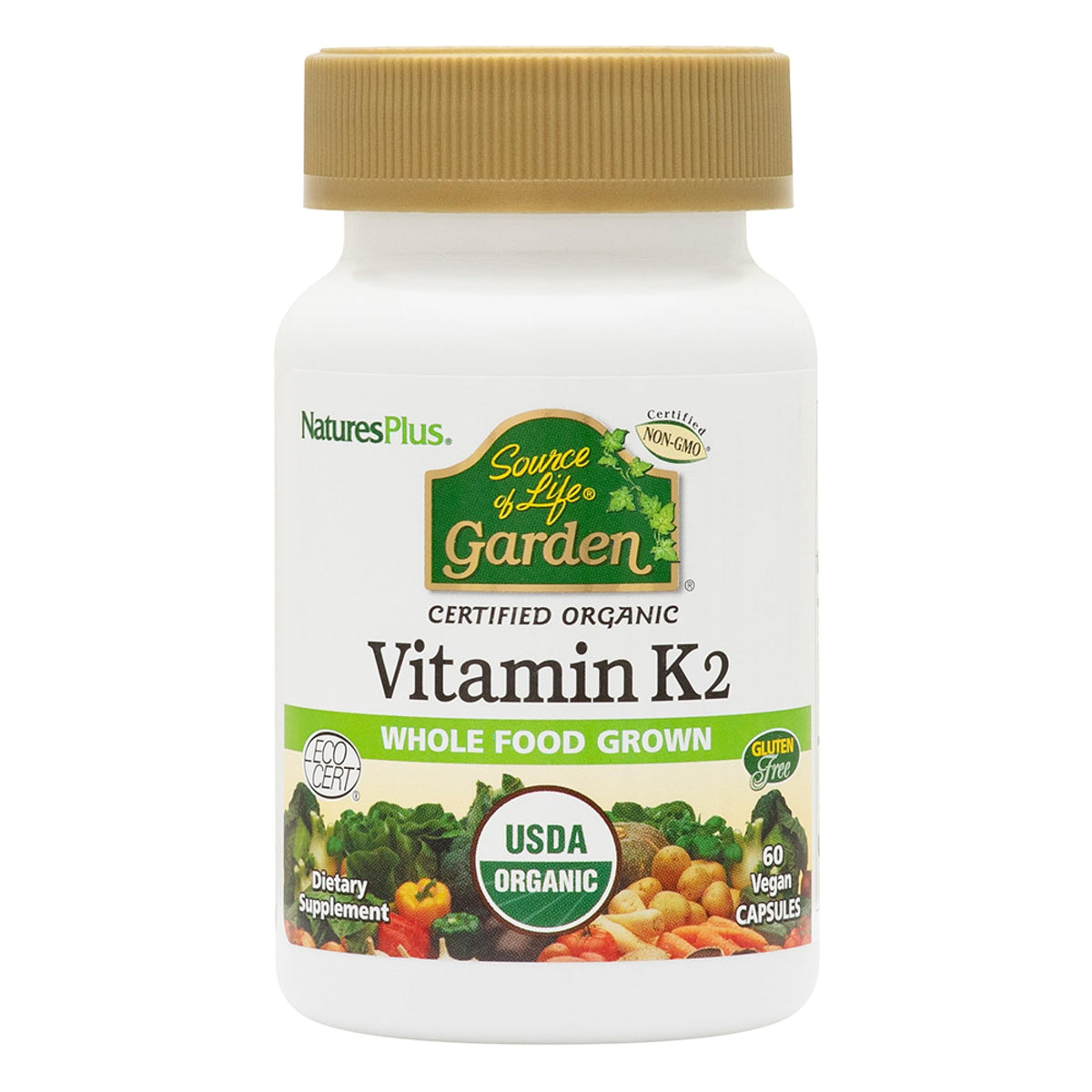 NaturesPlus Source of Life Garden Vitamina K2 en cápsulas para huesos sanos.