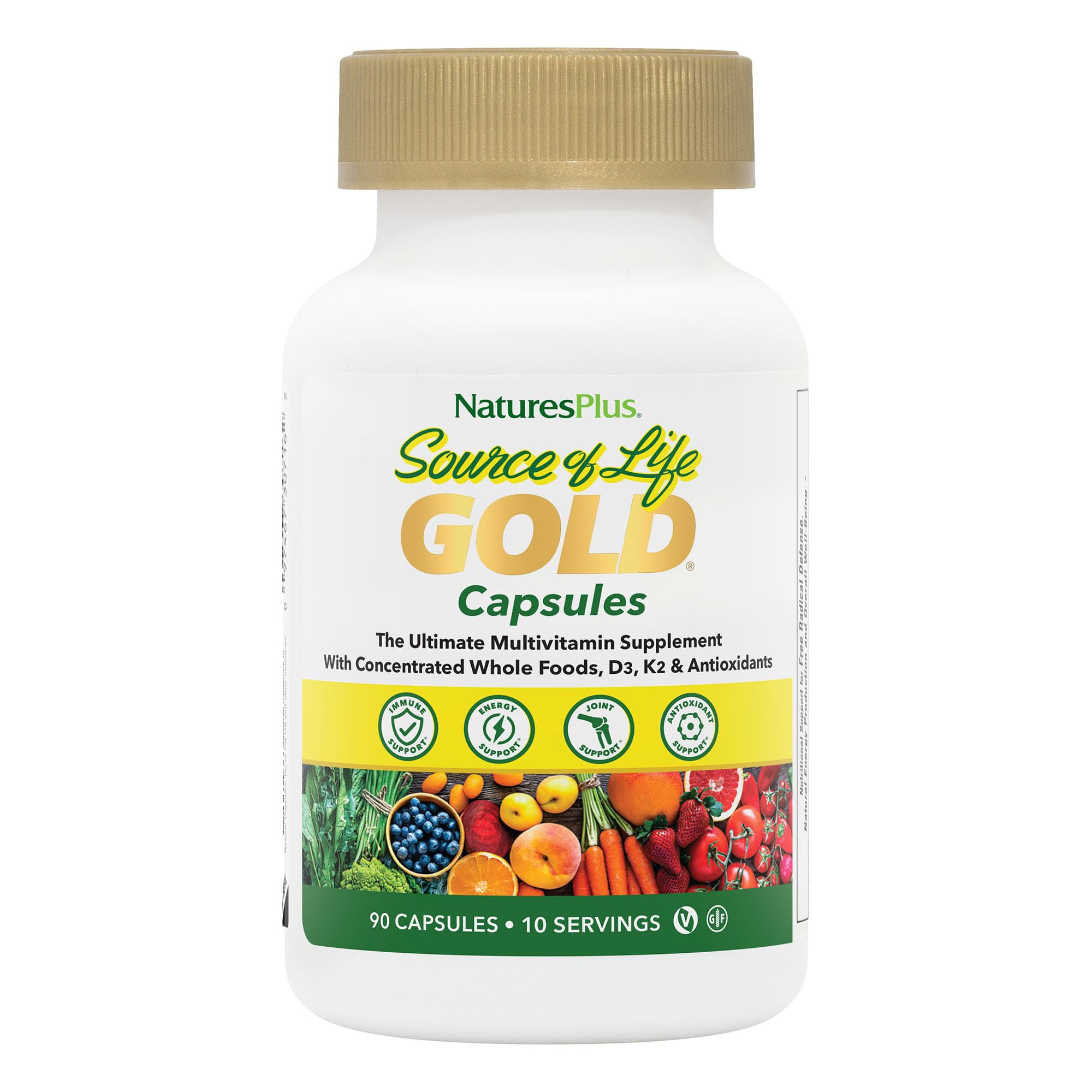 NaturesPlus Source of Life GOLD cápsulas vegetarianas para energía y bienestar diario.