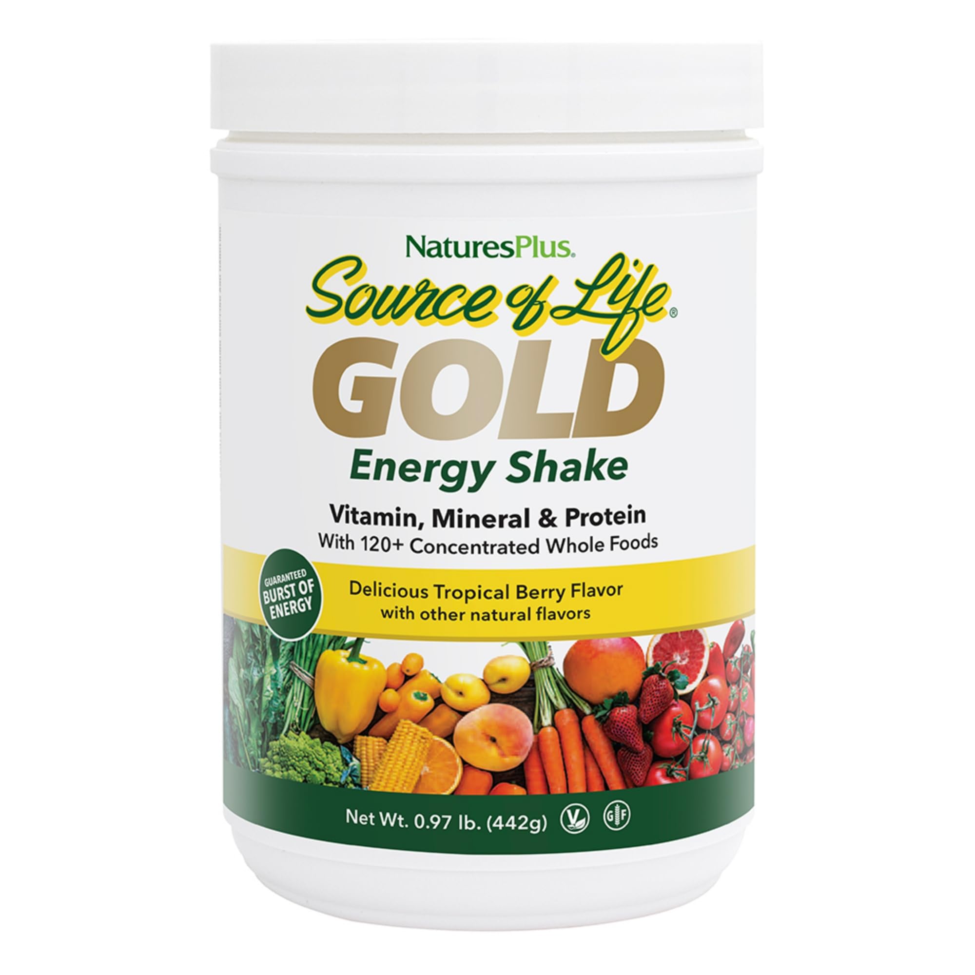 NaturesPlus Source of Life GOLD Energy Shake, etiqueta frontal, inicio rápido del día