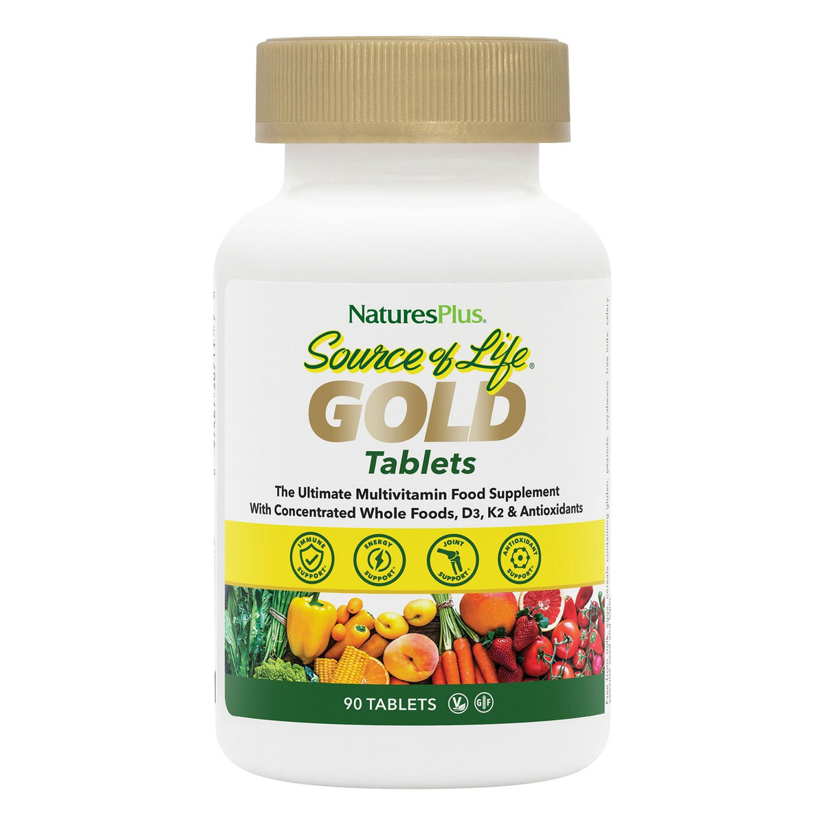 NaturesPlus Source of Life GOLD frente del envase, apoyo a la energía diaria.