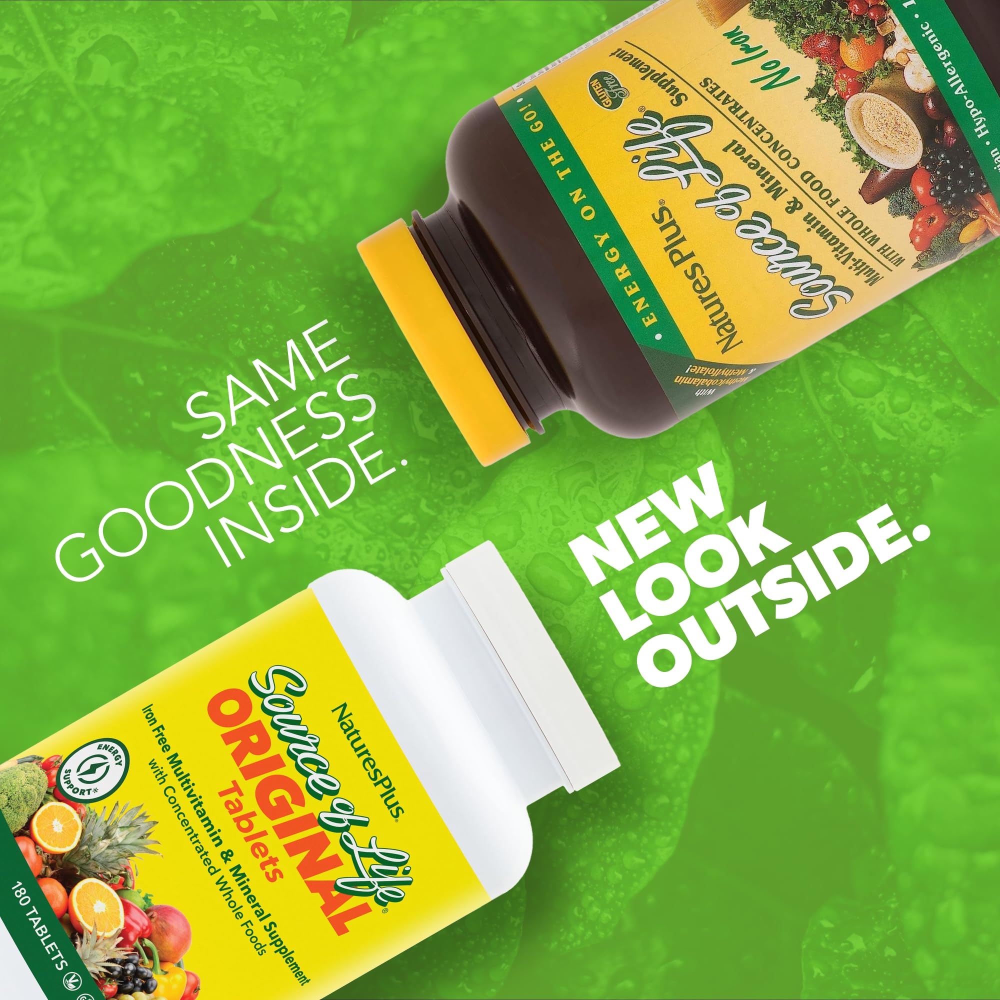 Comprimidos en mano de NaturesPlus Source of Life No Iron mostrando dosis