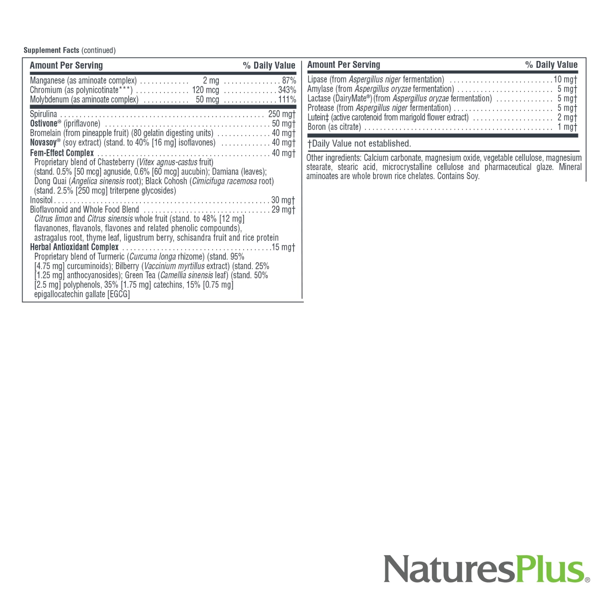 NaturesPlus Source of Life Women, ingredientes en etiqueta, resumen claro de nutrientes clave.