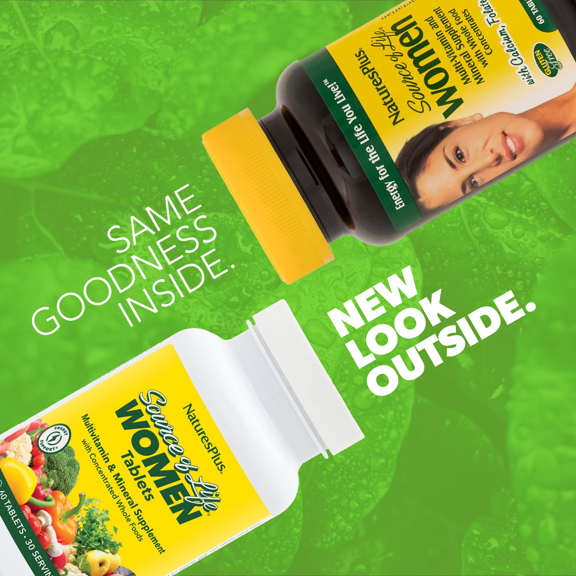 NaturesPlus Source of Life Women, tabletas en mano, opción vegetariana para suplementación diaria.