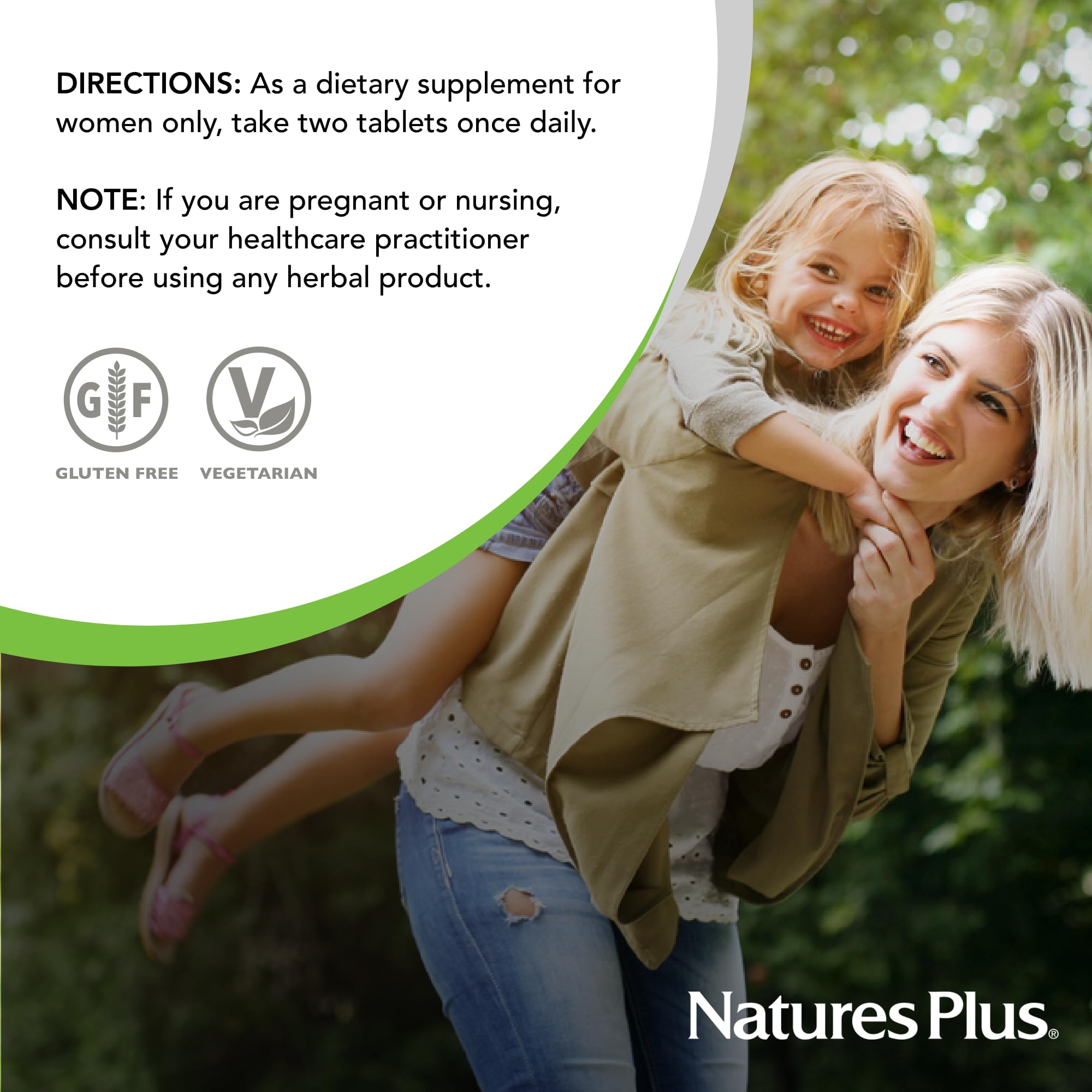 NaturesPlus Source of Life Women, persona tomando tabletas, rutina diaria fácil y conveniente.