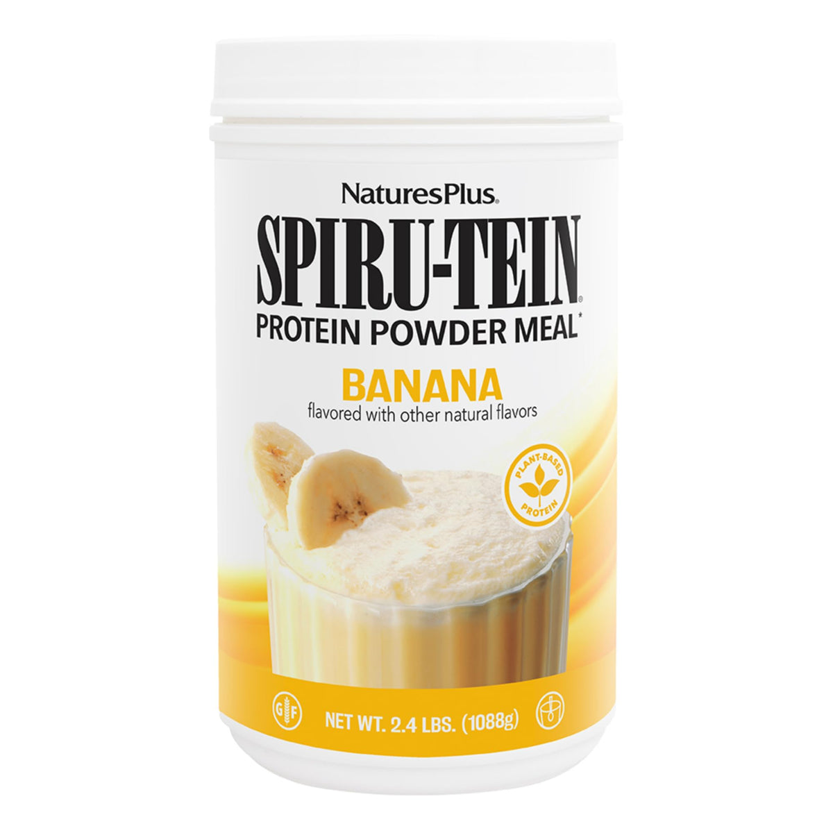 NaturesPlus SPIRU-TEIN banana, empaque visible para consumo práctico