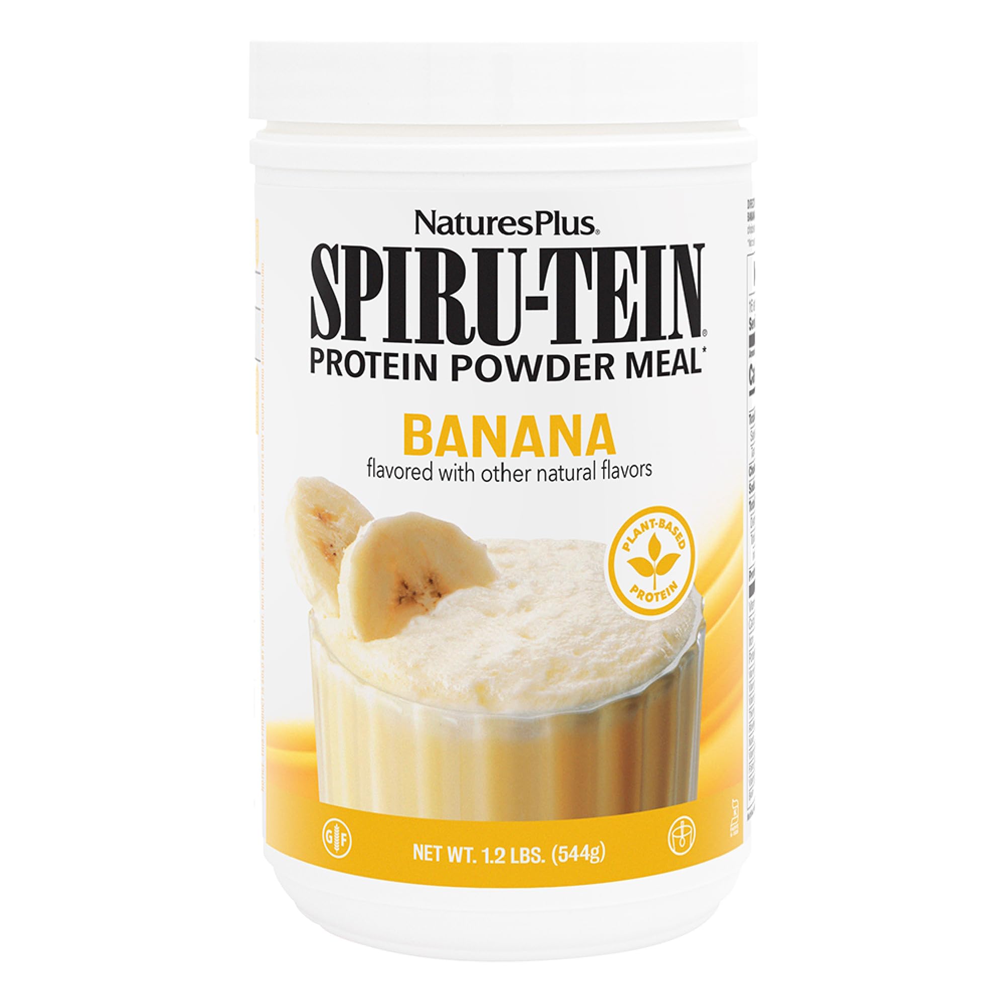 NaturesPlus SPIRU-TEIN banana, empaque, sustituto nutritivo para el día a día.