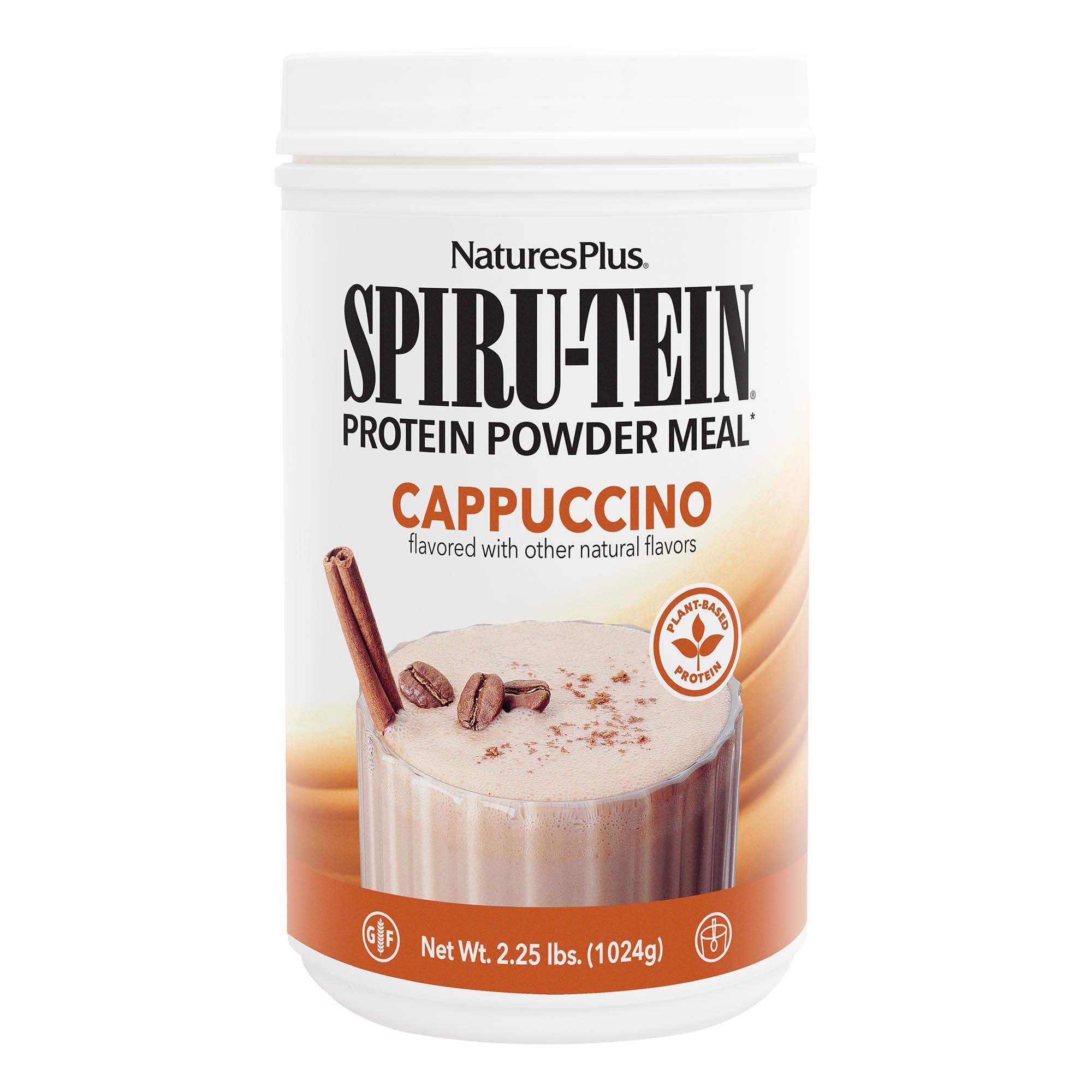 NaturesPlus SPIRU-TEIN Cappuccino en envase, opción proteica conveniente para el día.
