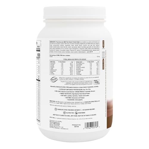 Spiru-Tein Chocolate, etiqueta base vegetal para revisar ingredientes.