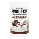NaturesPlus SPIRU-TEIN Cookies & Cream en envase, proteína vegetal premium para desayunos.