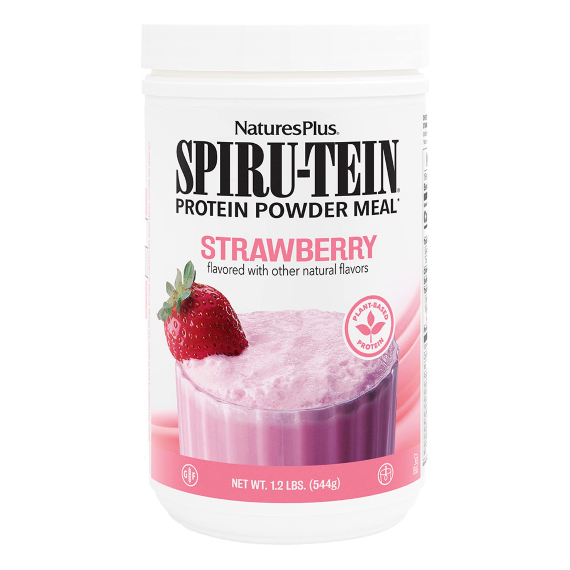 NaturesPlus SPIRU-TEIN Fresa en bote de 1,2 libras para batidos vegetales.