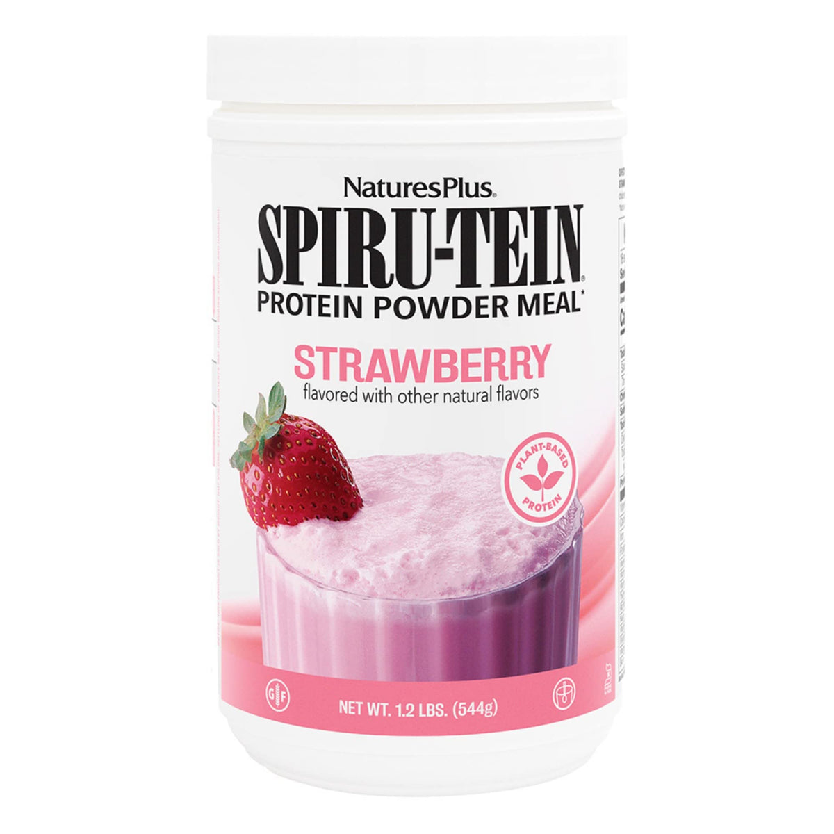 NaturesPlus SPIRU-TEIN Fresa en bote de 1,2 libras para batidos vegetales.