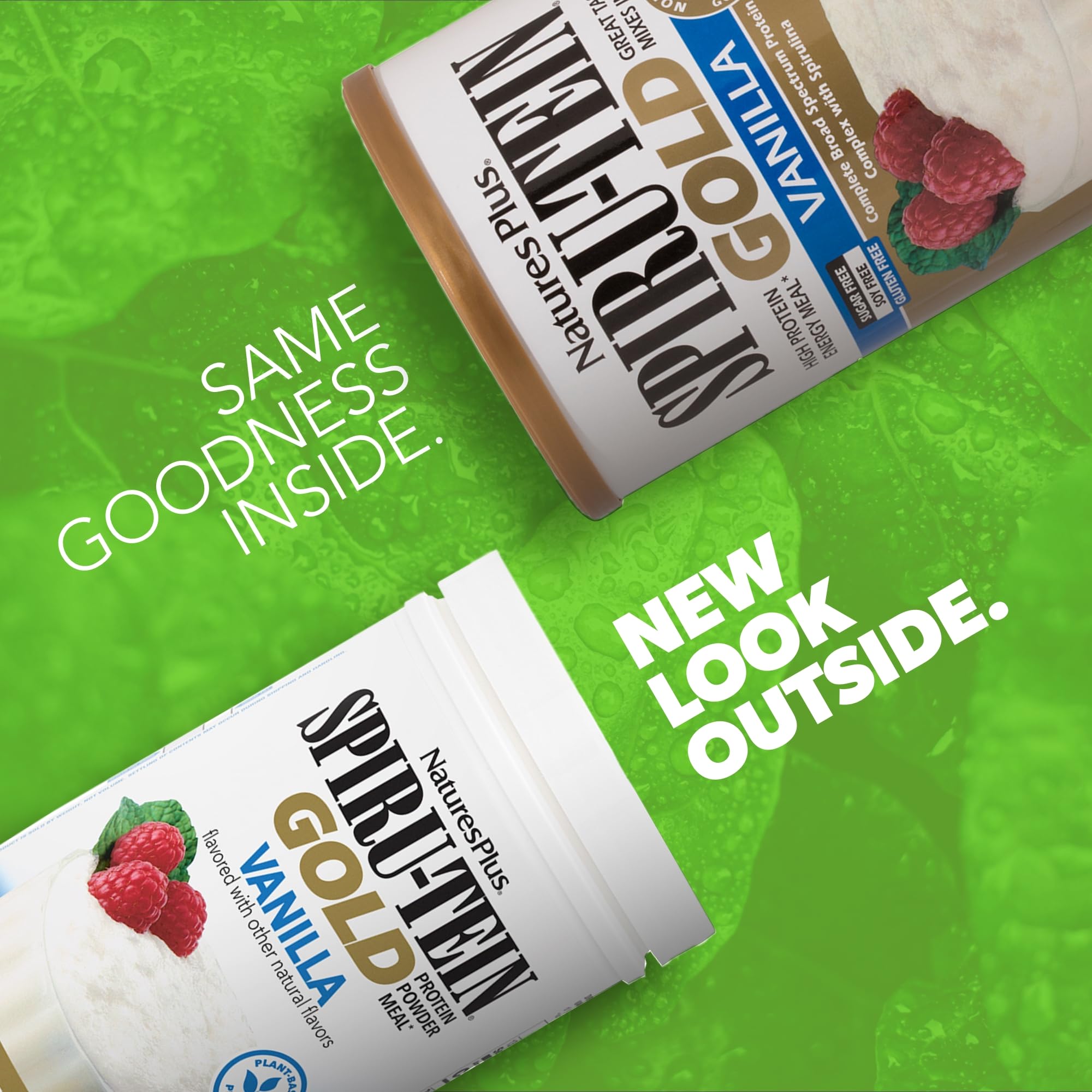 NaturesPlus SpirU-Tein Gold Vanilla: etiqueta nutricional y proteína vegetal para apoyo diario.
