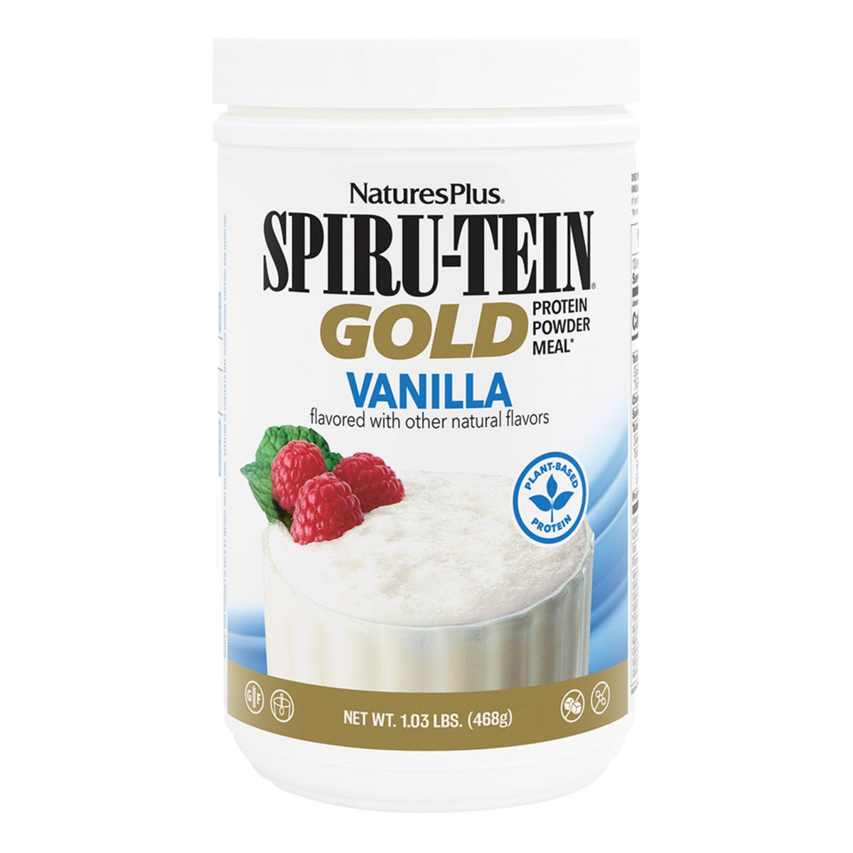 NaturesPlus SpirU-Tein Gold Vanilla: lata de 1.03 lb para energía sostenida.