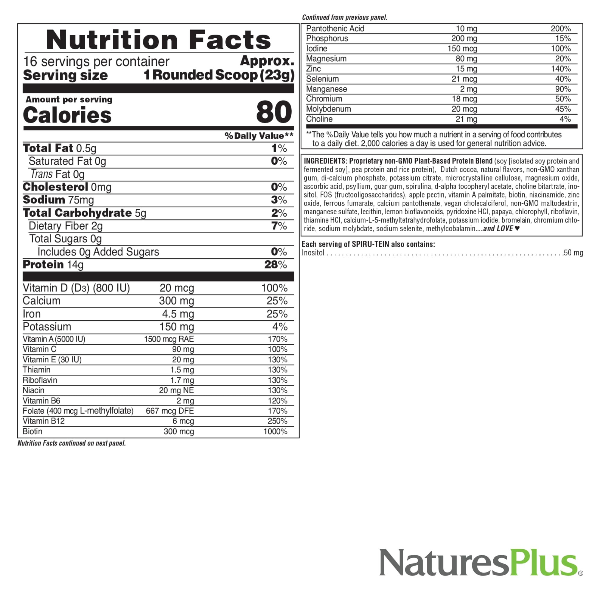 NaturesPlus SPIRU-TEIN chocolate: ingredientes clave para nutrición diaria.