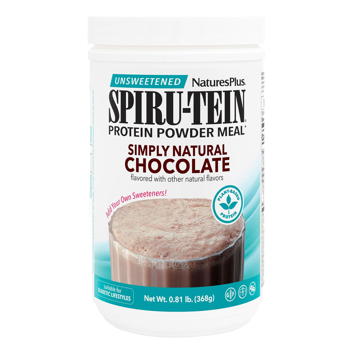 NaturesPlus SPIRU-TEIN Simply Natural Chocolate en lata para batidos proteicos.