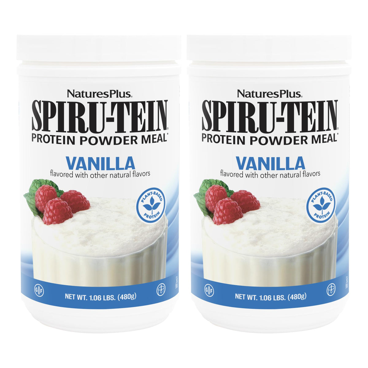 NaturesPlus SPIRU-TEIN vainilla, bote práctico para guardar en la despensa y uso diario.