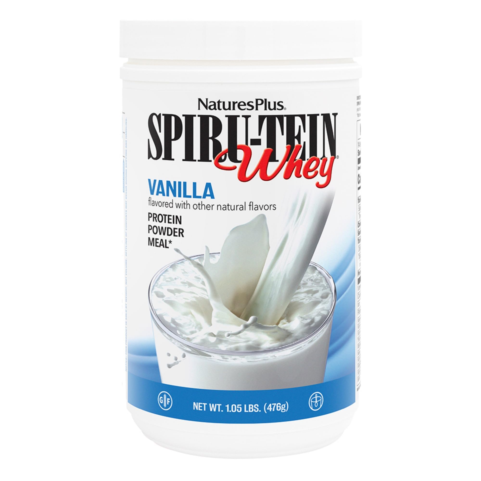 NaturesPlus SPIRU-TEIN WHEY Shake en bote vainilla para ingesta proteica rápida.