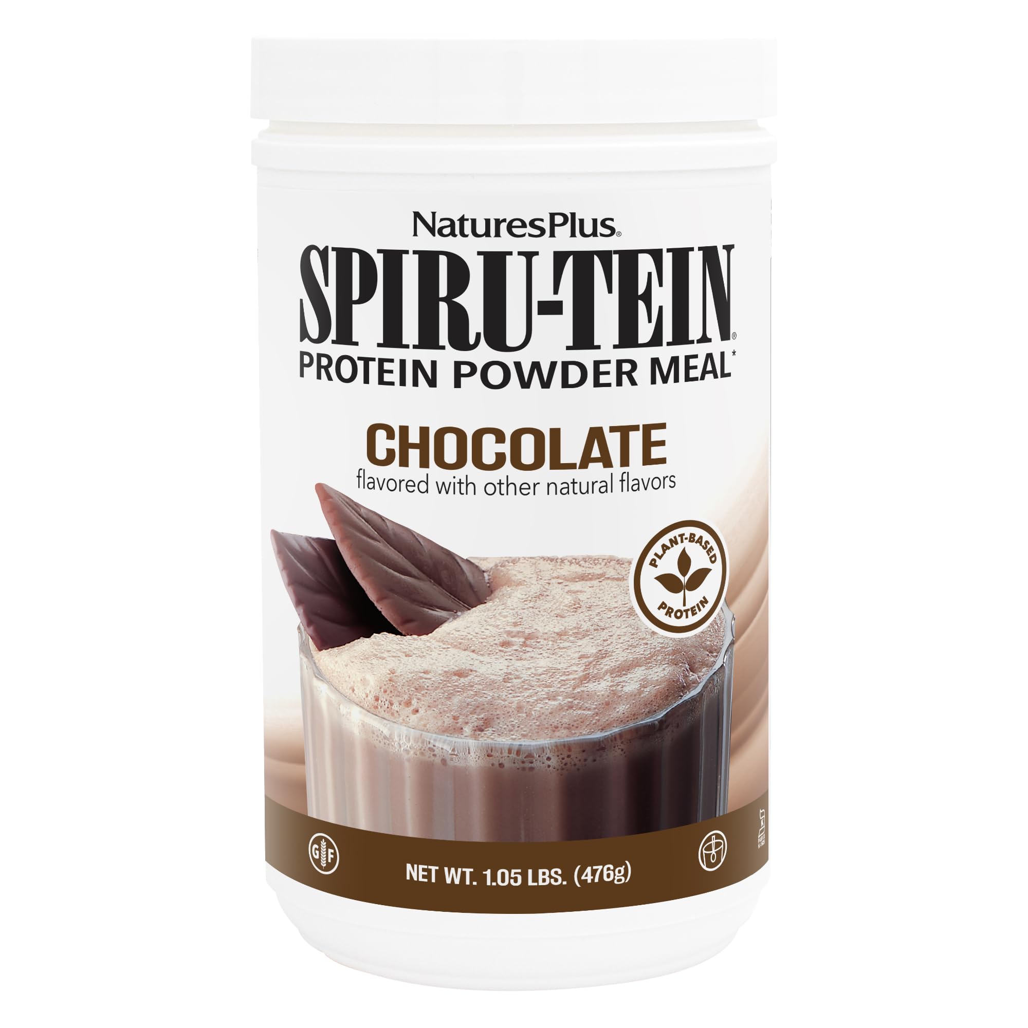 NaturesPlus Spirutein Chocolate envase 1.05 lb, apoyo proteico vegetal diario.
