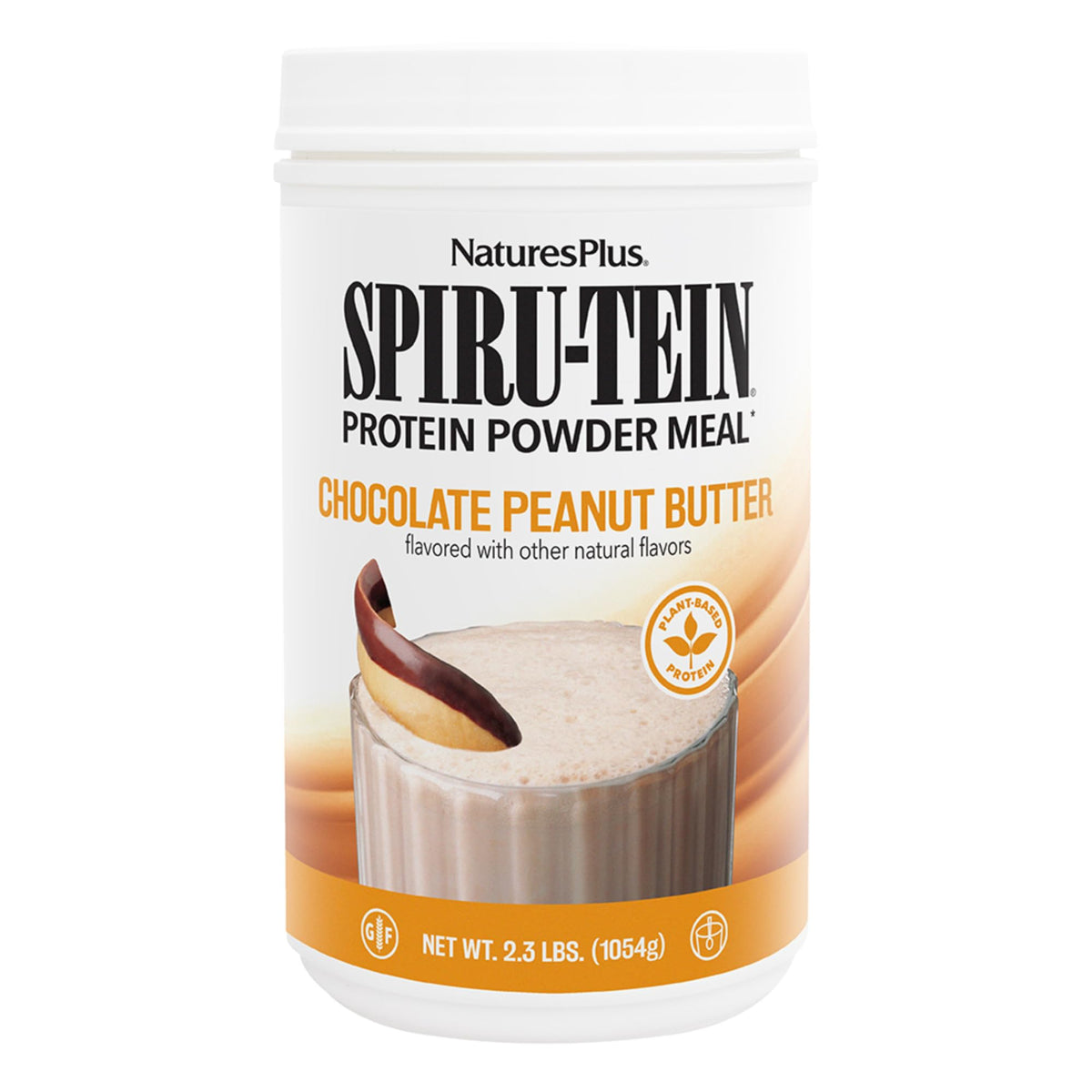 NaturesPlus SPIRU-TEIN envase chocolate mantequilla de cacahuate, perfecto para iniciar el día.