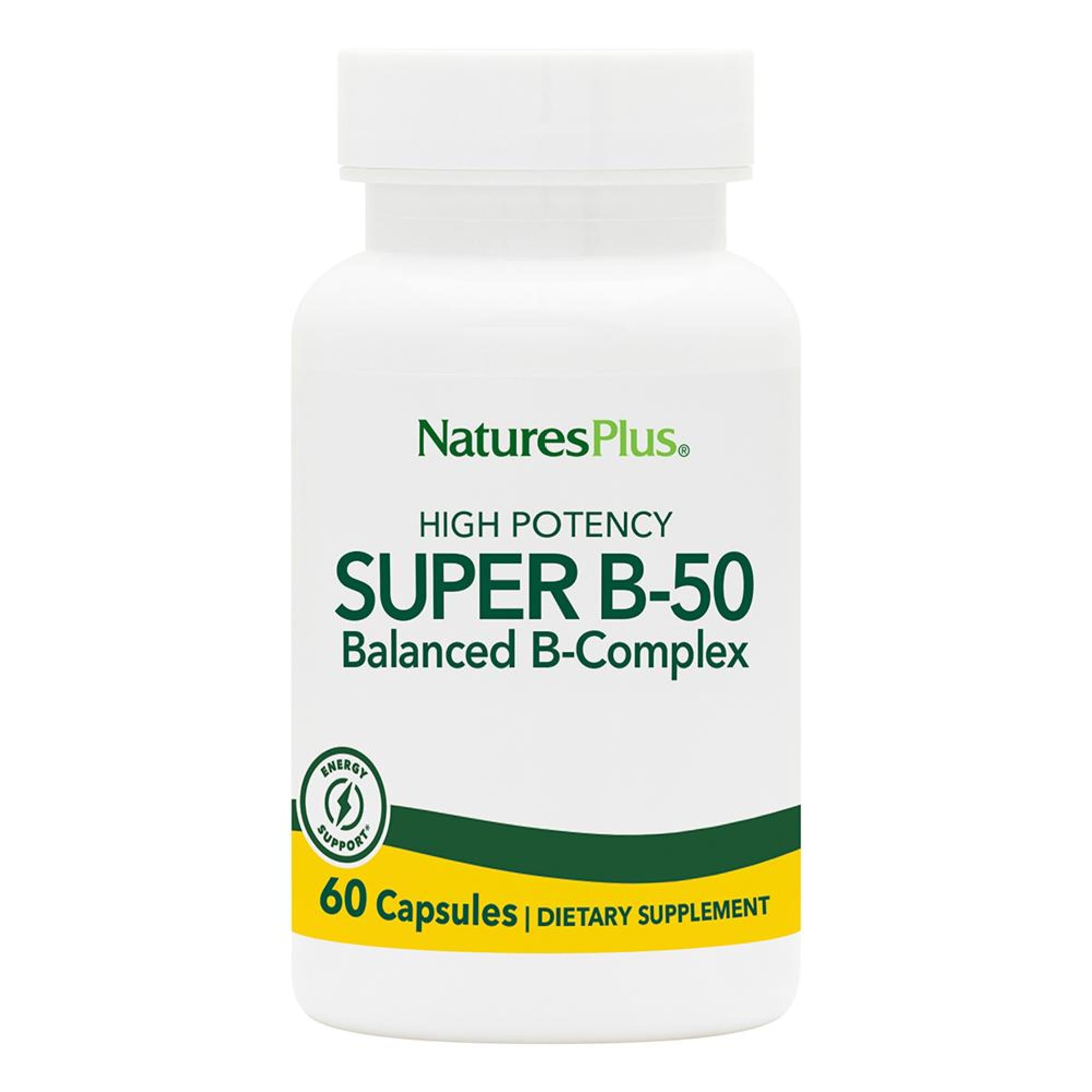 NaturesPlus Super B-50 frasco frontal mostrando la etiqueta y tamaño de la dosis.