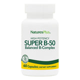 NaturesPlus Super B-50 frasco frontal mostrando la etiqueta y tamaño de la dosis.