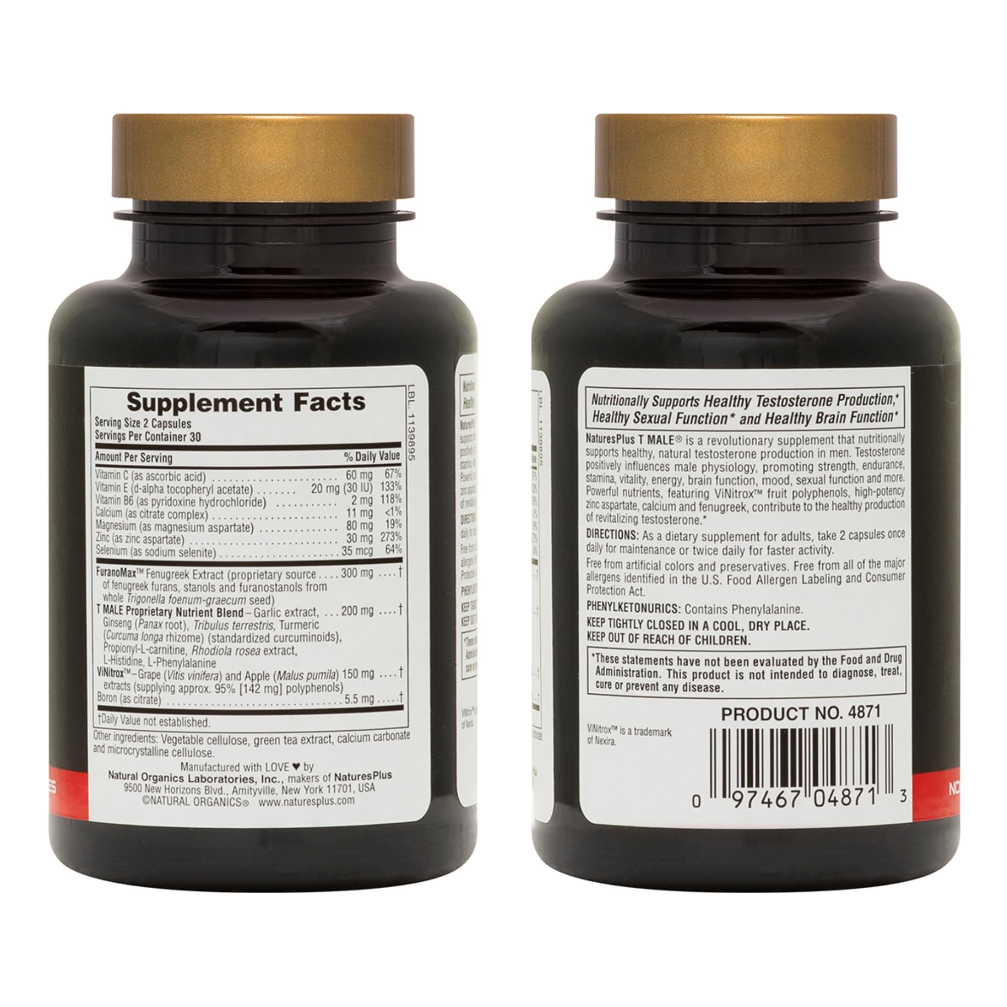 NaturesPlus T-Male, ingredientes ginseng y rhodiola para vitalidad.