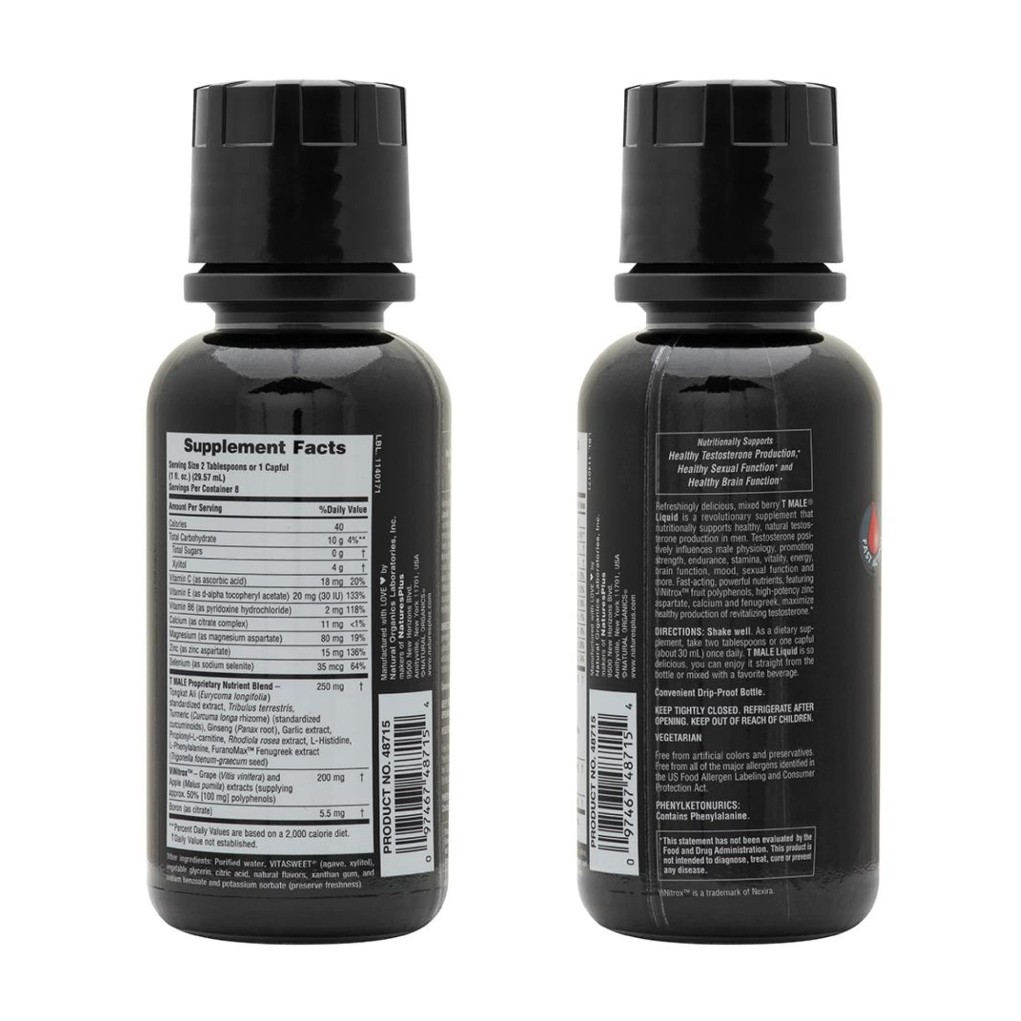 NaturesPlus T-Male Líquido, dispensador compacto, facilita dosis diarias y consistencia.